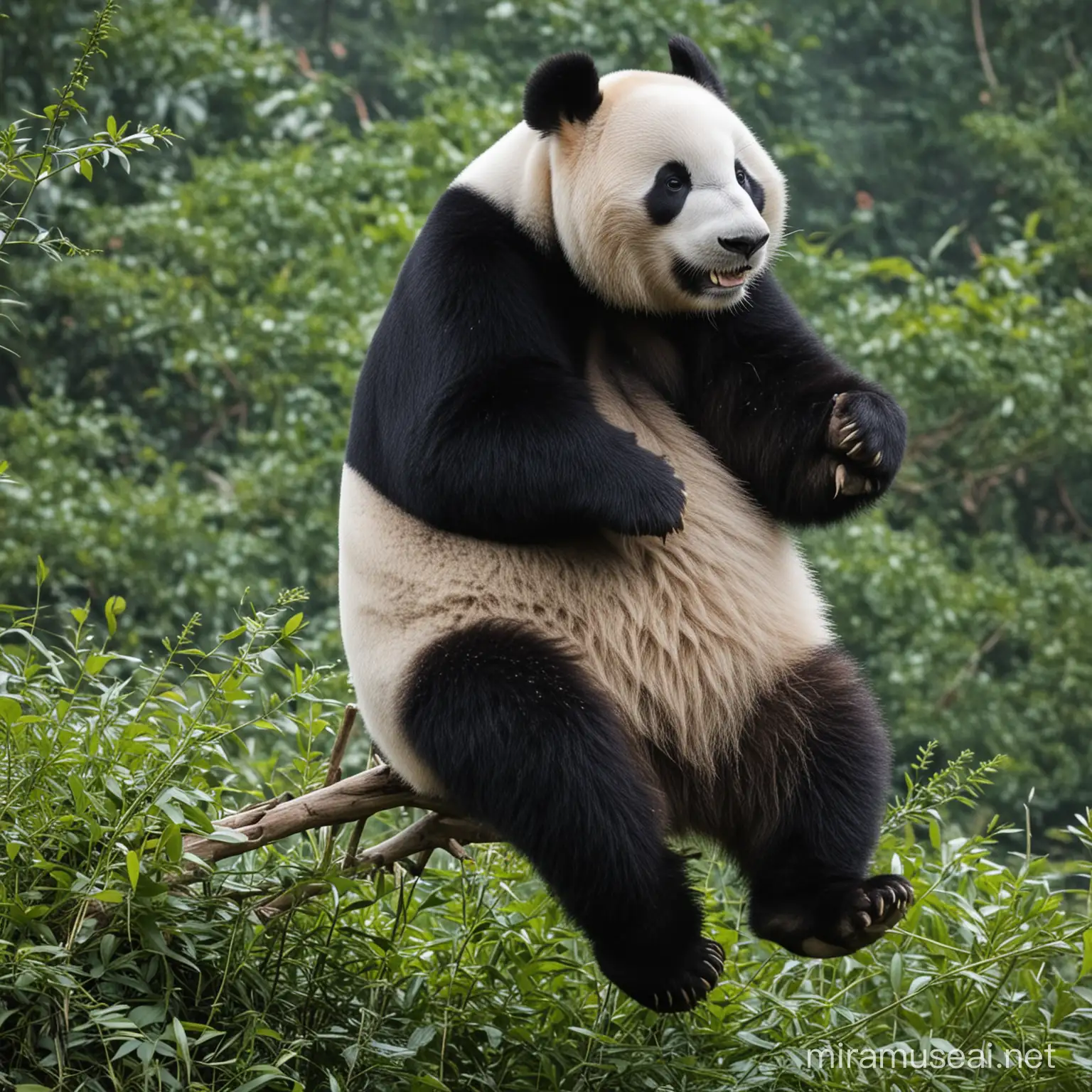 Giant Panda Enjoying Bamboo Feast in a Lush Forest