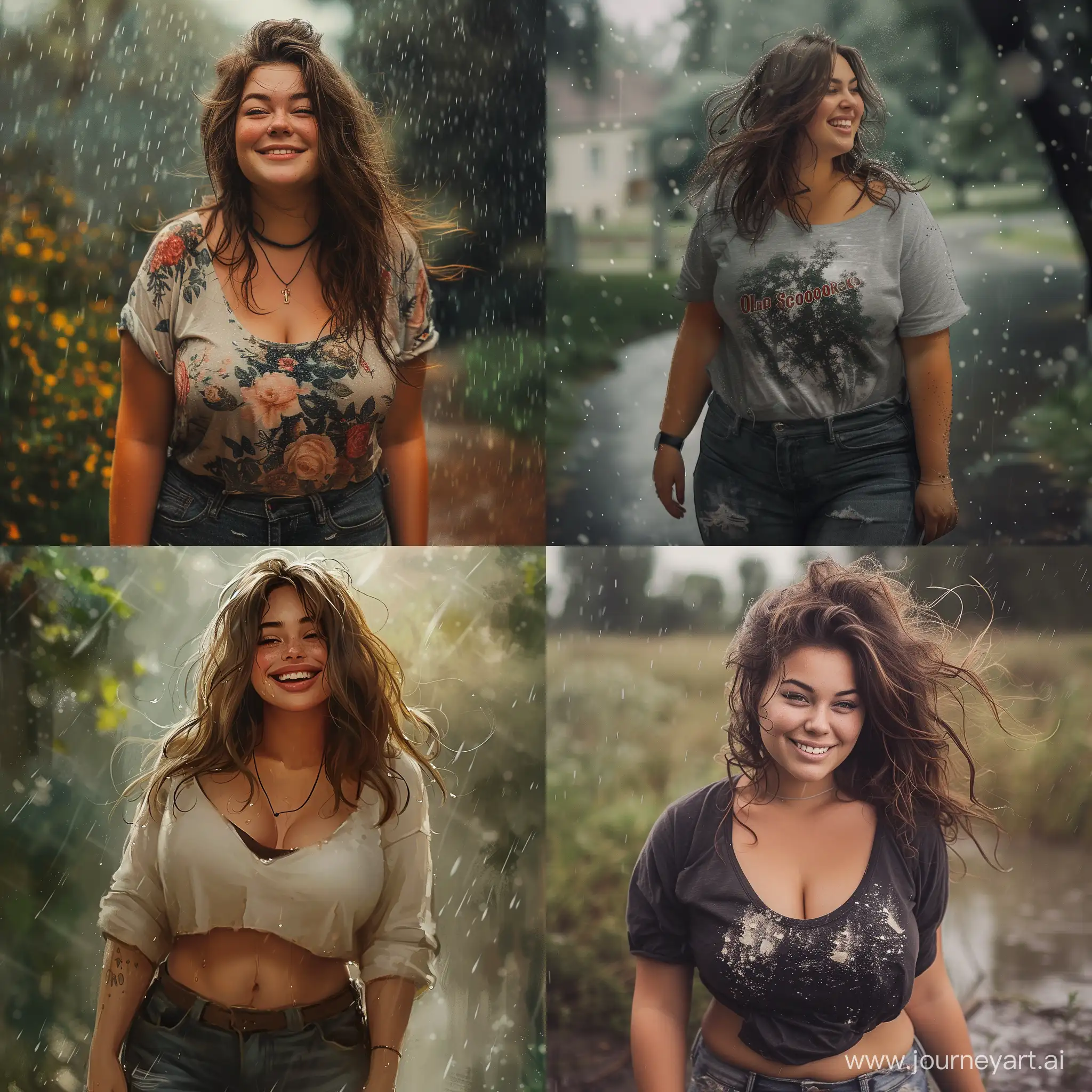 fat beautiful woman,  tshirt contest, outside in the rain, smiling at you, thin pretty face,(  flabb wide  jeans, girlfriend, fat , messy brown hair,  the style of Olga Skomorokhova, realistically detailed