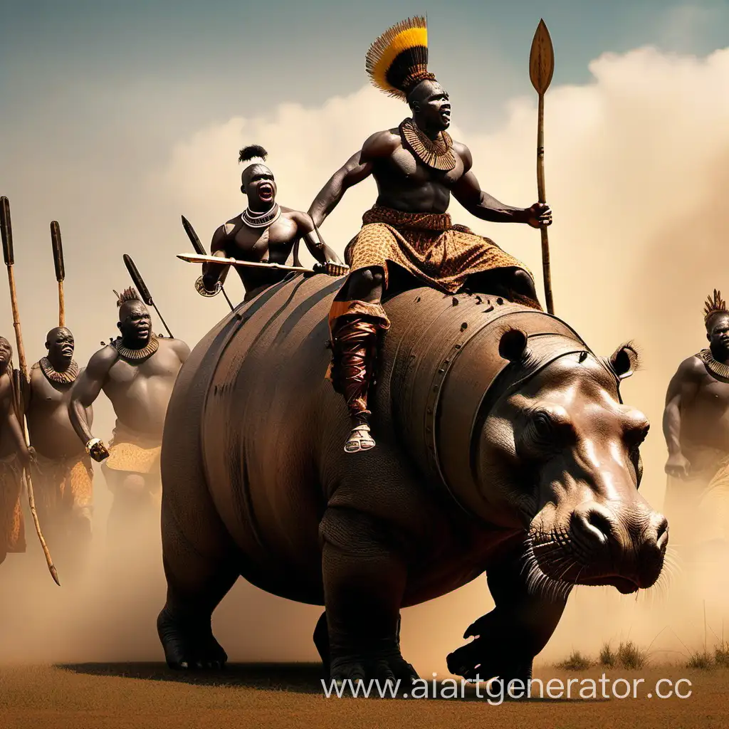 Африканские воины едут на огромных бегемотах по саванне с гигантскими боевыми барабанами