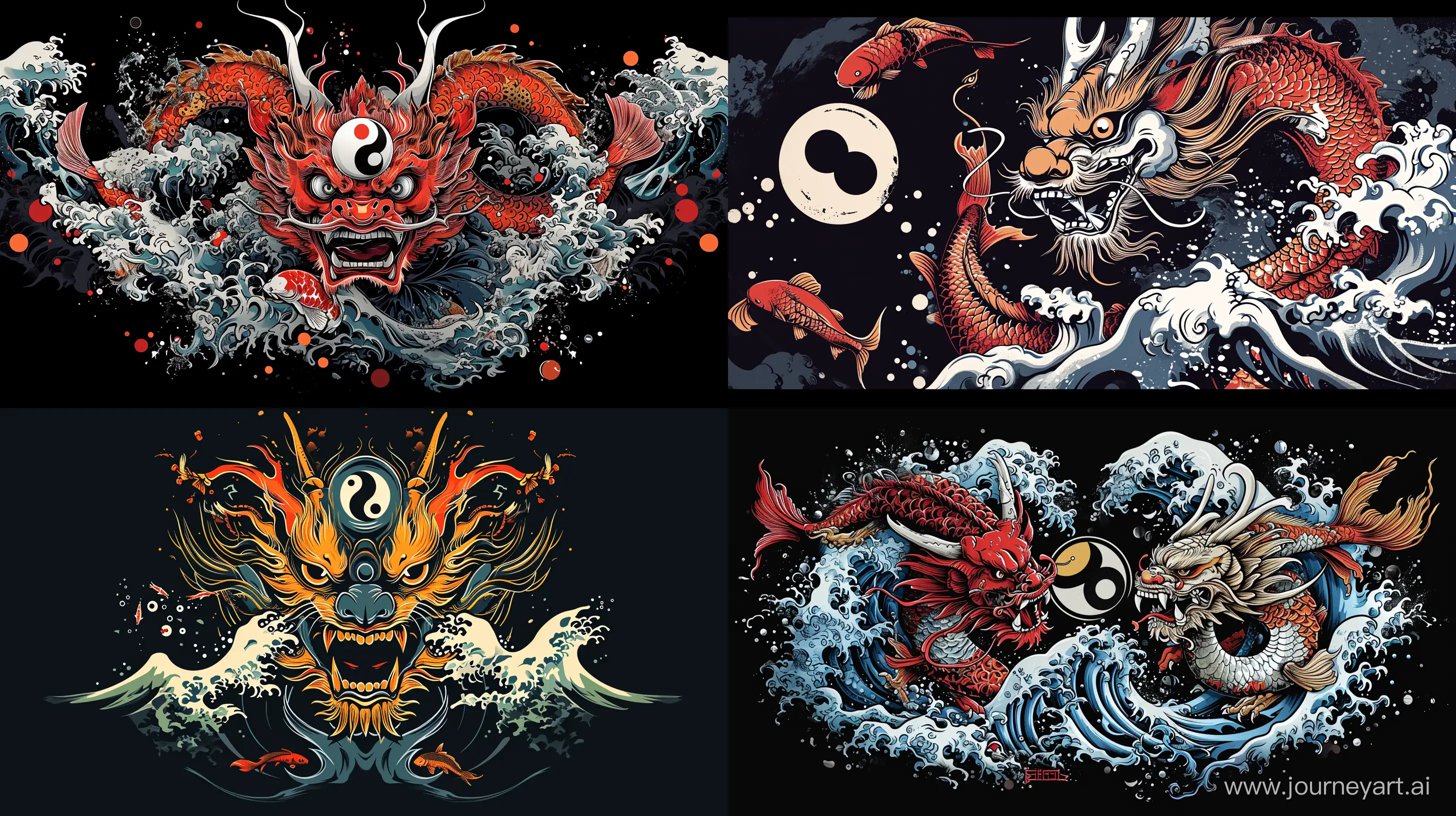 Japanese-Demon-in-4K-Wave-Koi-Fish-and-Yin-Yang-on-Black-Background