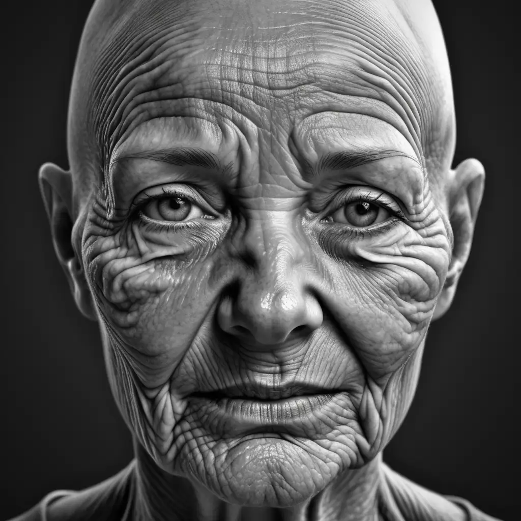 HighDefinition Black and White Portrait of a Hairless WrinklyFaced Woman