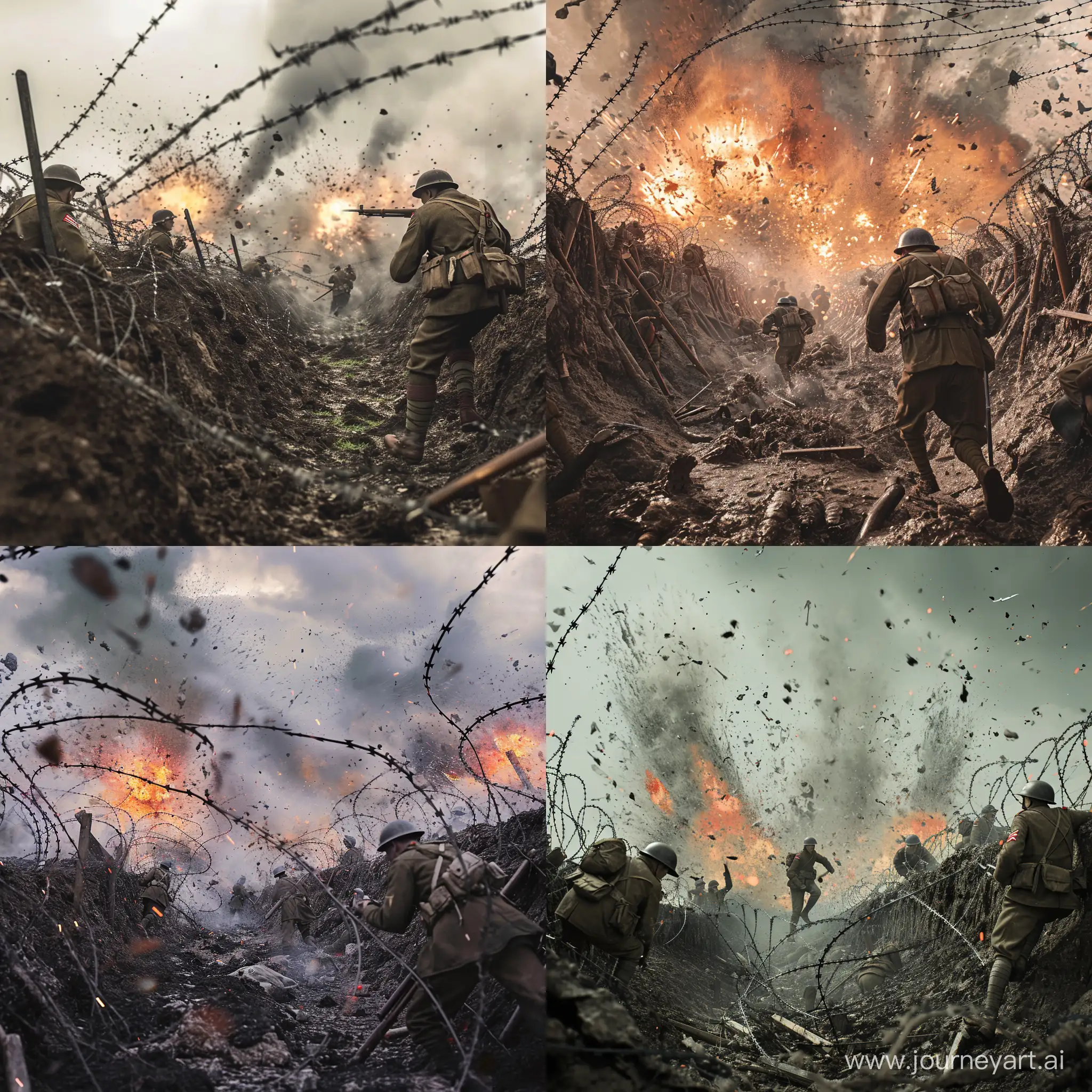 Create a photorealistic representation of a World War I battle scene with trenches, soldiers in period uniforms, barbed wire, explosions, and artillery fire. The scene should capture the intensity and chaos of the conflict, while highlighting the historical setting and the emotional toll of war