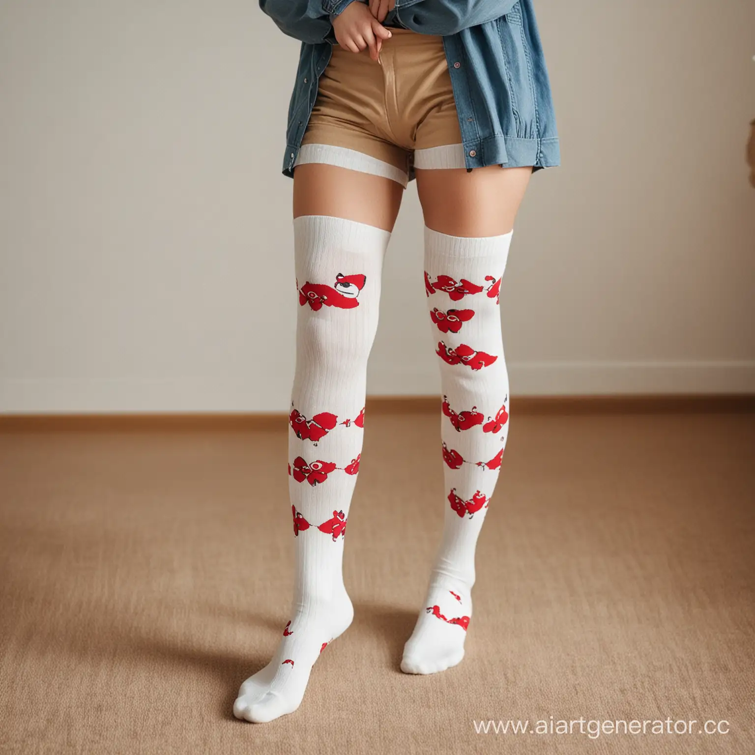 A full-length girl in thigh-high socks with a design