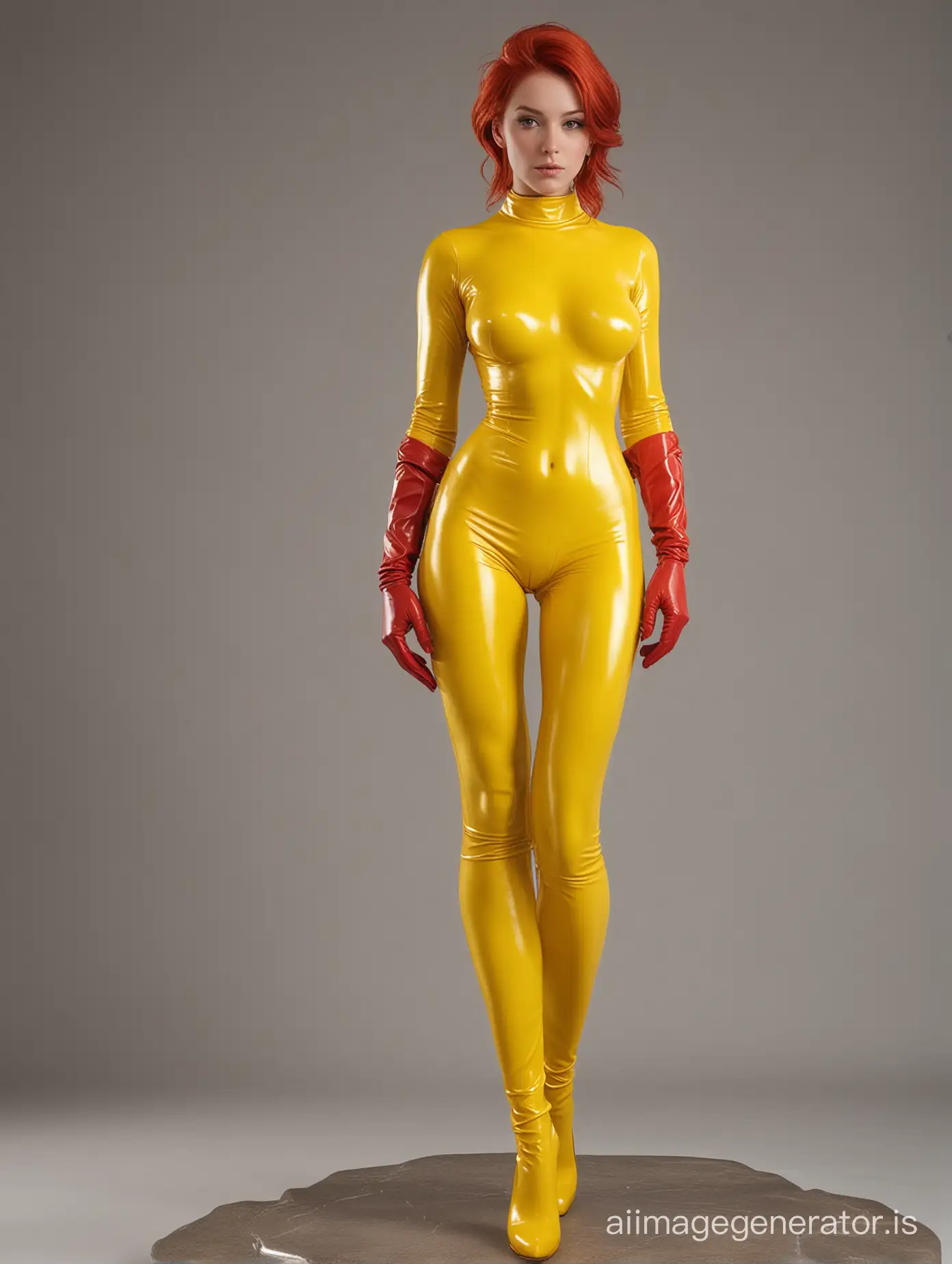 full body shot, full legs,full-length photography,full shot,  full body, full height,a sexy girl with red hair and yellow gloves posing for a picture, a statue, inspired by stanley artgerm, Artstation, yellow latex gloves, hyper realistic