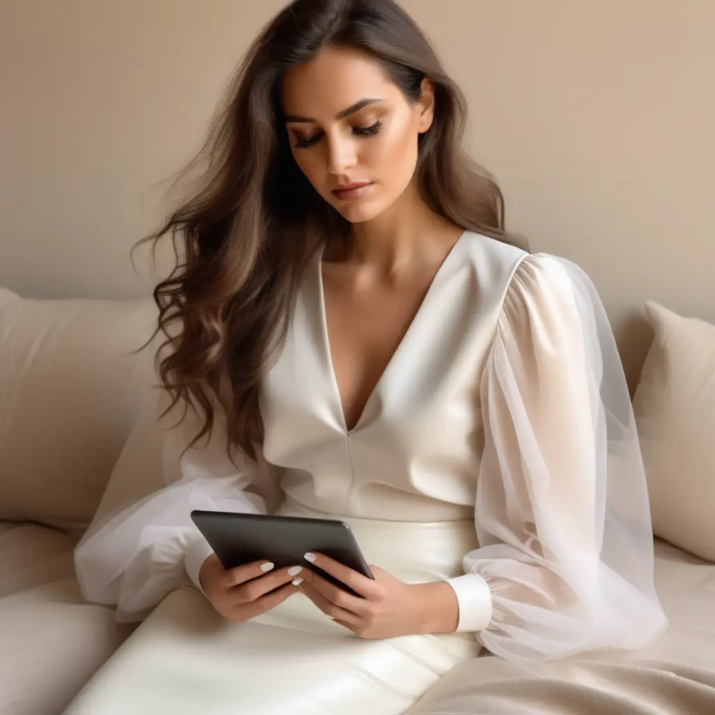 A stylish woman wears a white, v-neck, blouse with very voluminous tulle sleeves. Her makeup is natural, highlighting her features, and she has long, slightly wavy brown hair. She pairs the blouse with a white leather skirt and is focused on her tablet. The background is plain beige wall with blanket to add coziness. Her nails are long and painted white.