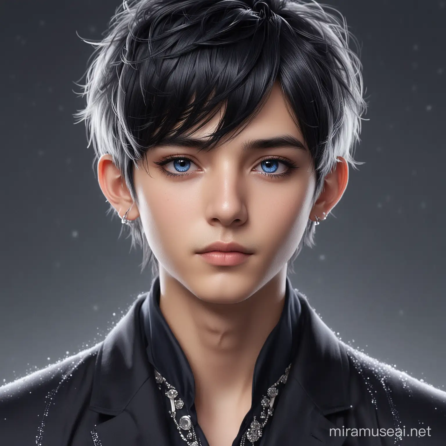 A handsome and extremely cute boy with stylish flowing black hair with silver hair streaks. His eyes, a deep navy blue. A small sapphire trinket on his ears shaped like a moon. With fair skin, smoky sparkly eye shadow, medium lashes and a symmetrical face, a calm and gentle smile.