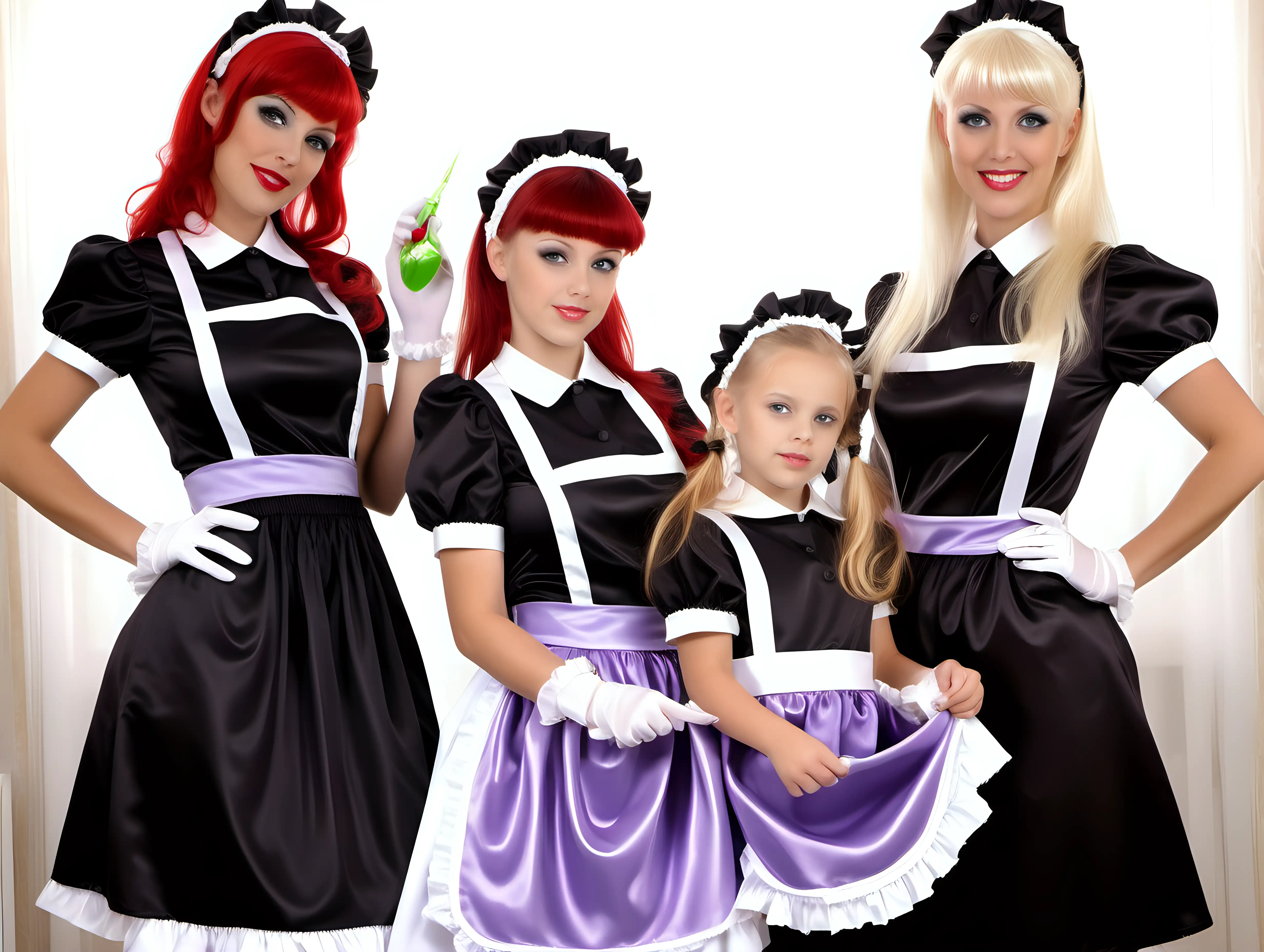 litle girls in long crystal satin retro maid lilac black uniforms and milf mothers long blonde and red hair,black hair