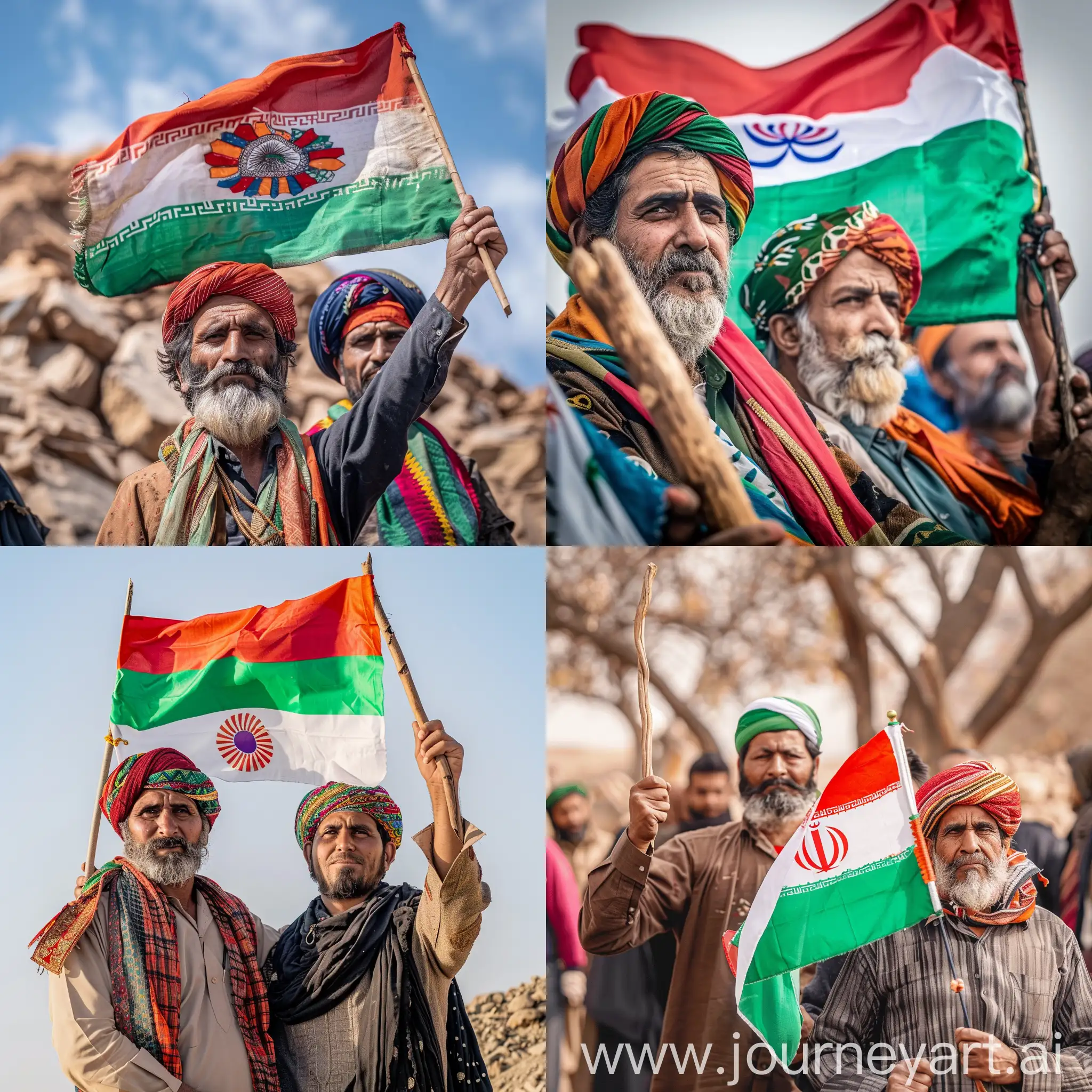 تصوری از  مرد بلوچ از پاکستان و مرد بلوچ از ایران در دست داشتن پرچم بلوچستان