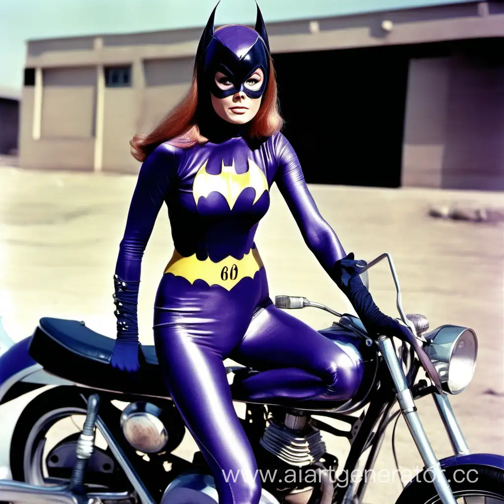 1966 batgirl, actress, spandex, tights, motorcycle, color photo, hands on thigh, detailed