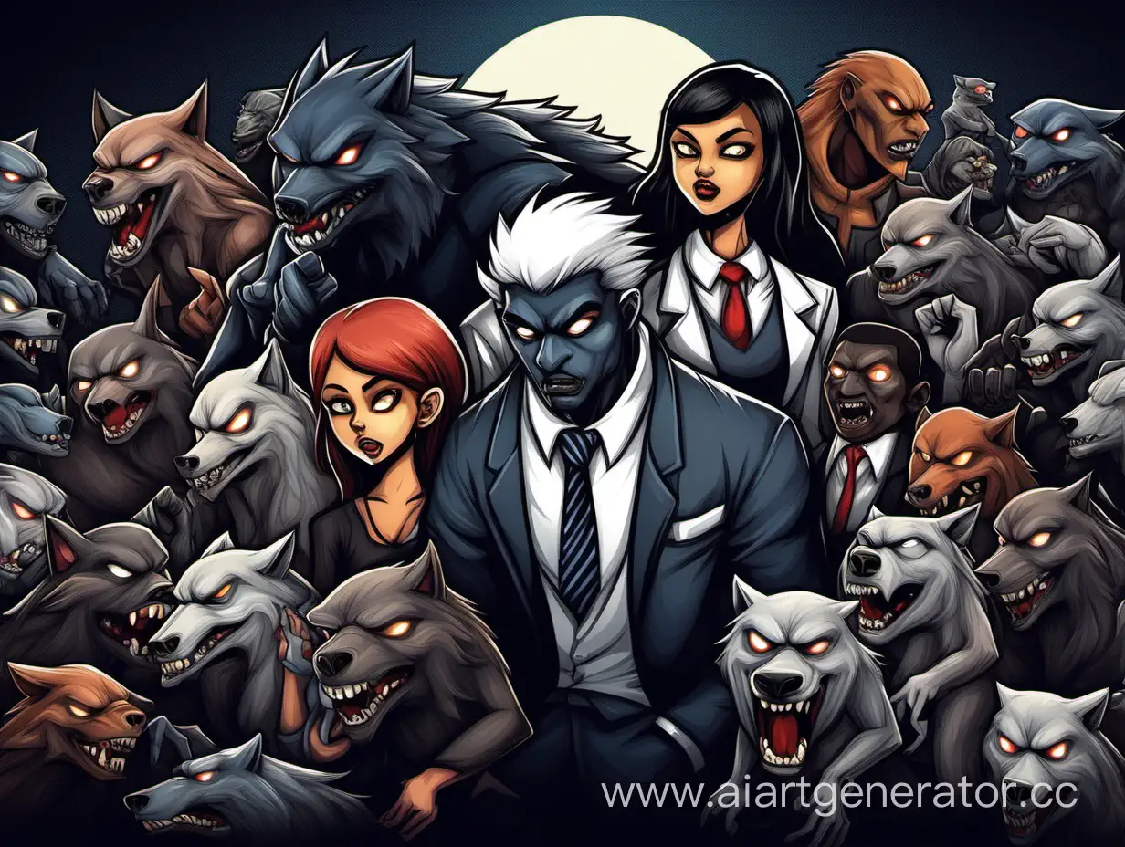 poster, 1080x1920, human and werewolf, yin and yang, werewolf game, children's format, only heads, among us game, mafia
