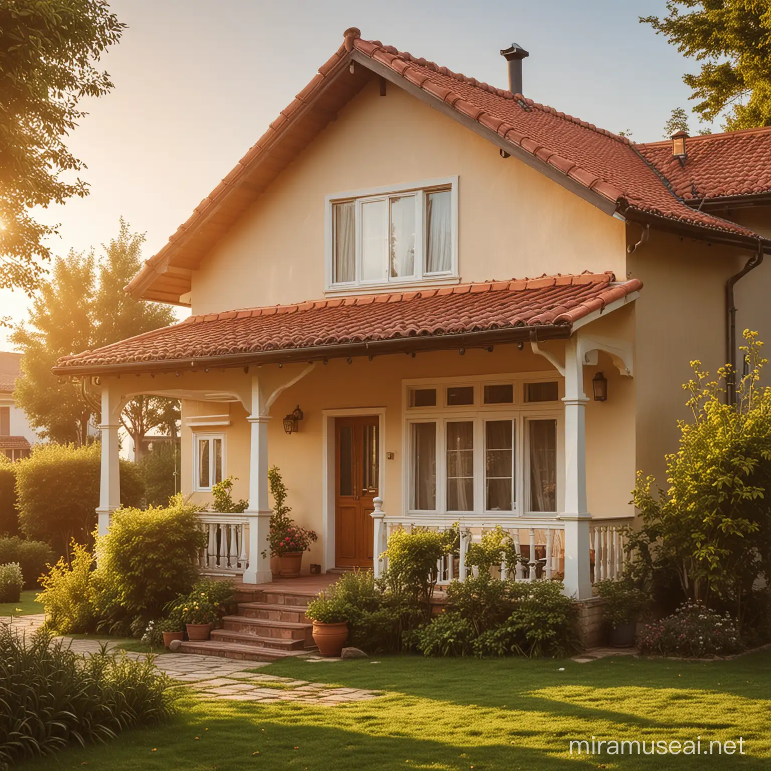 Cozy House Bathed in Warm Sunlight on a Serene Day