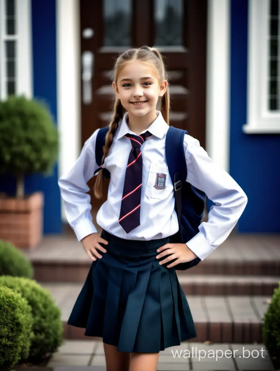 Beautiful English girl, 12 years old, with a ponytail in a school uniform in front of the house, full-length, smiling, dynamic poses