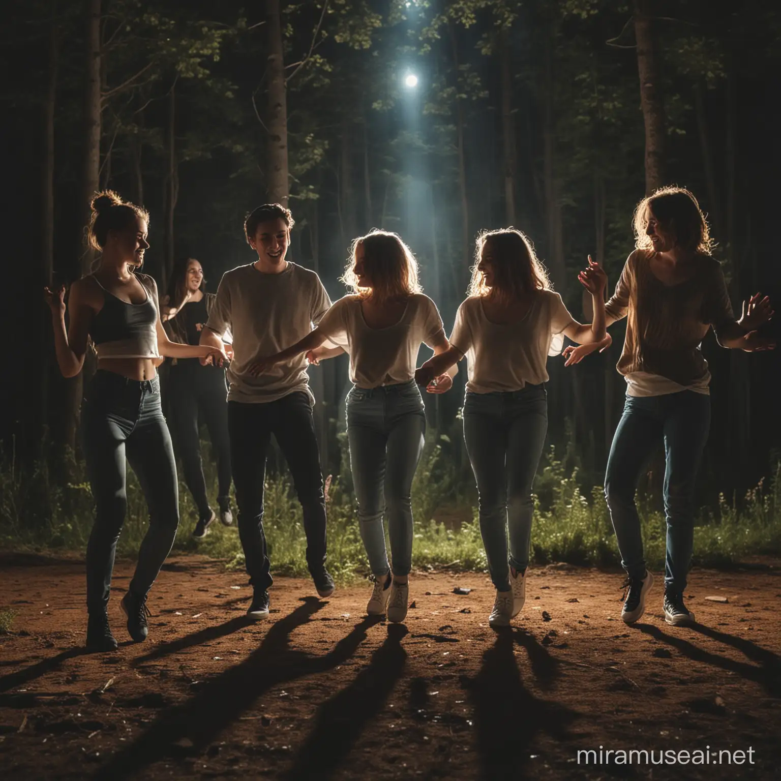 Group of young people dancing in the forest at night