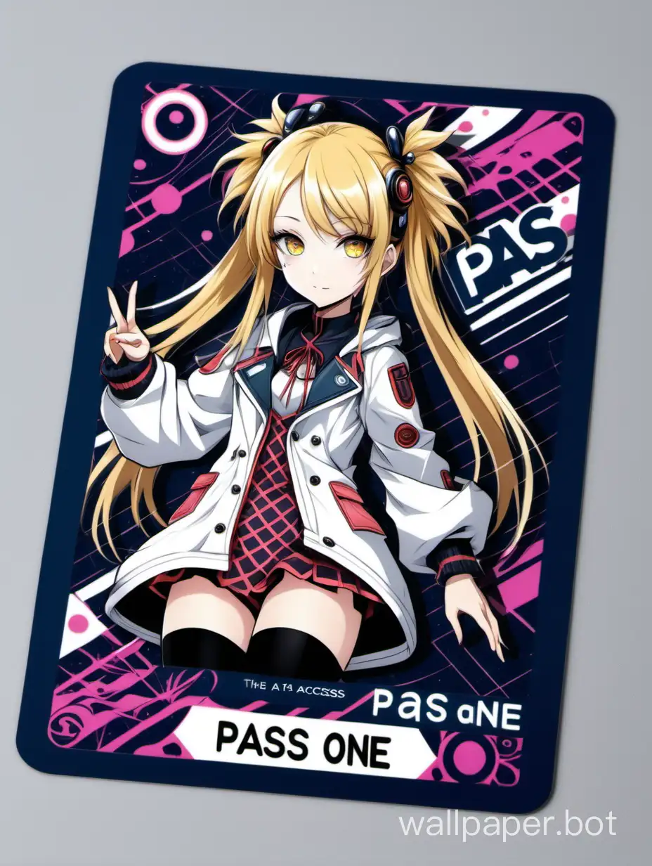 one of a kind access card with a crazy design and a anime girl in the center of the card and it reads pass•one