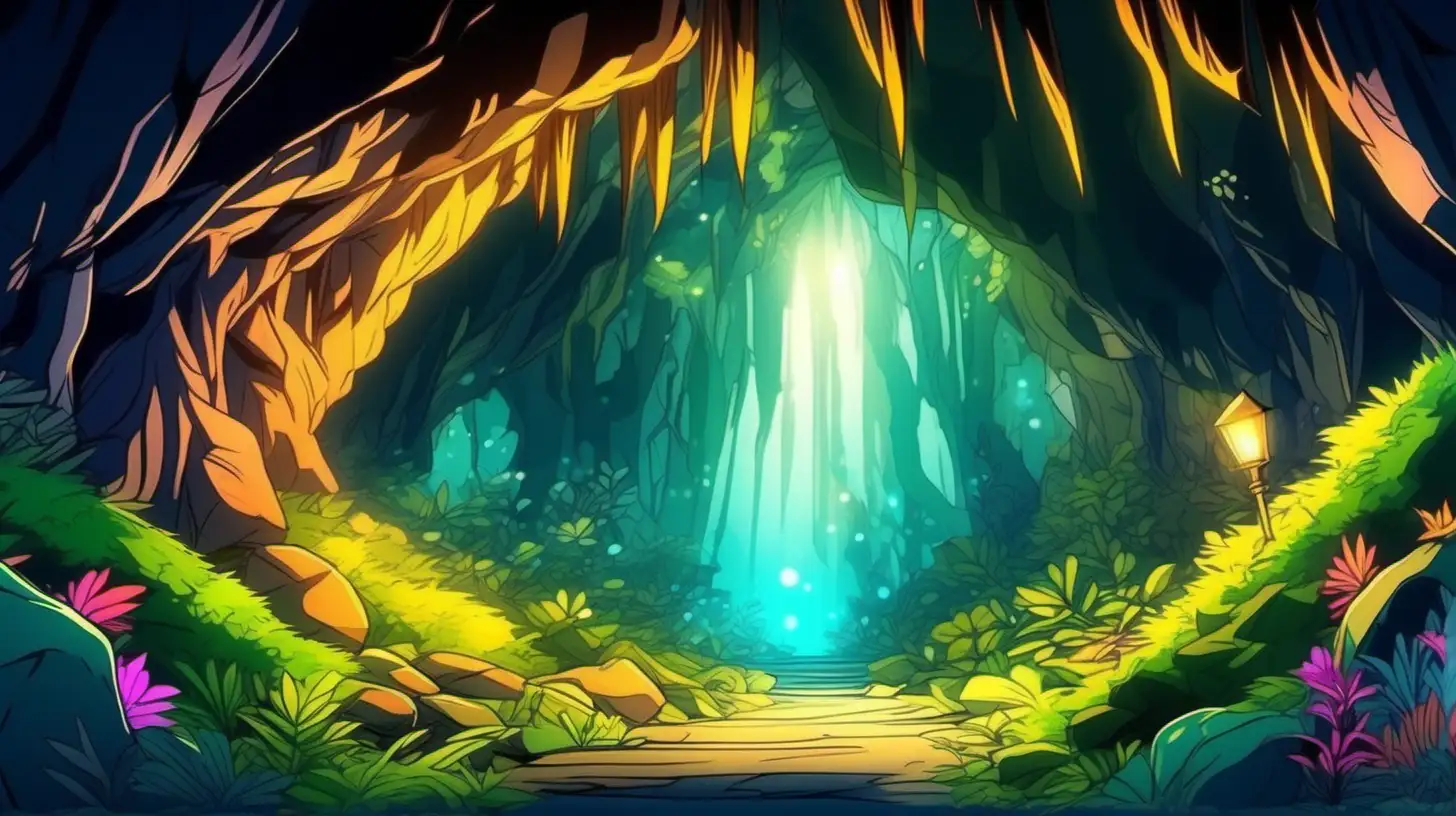 In beautiful cartoon style, an image of enchanting forest a large dark cave with dim light, with vivid colors and lively details, ultra hd, cartoon anime, vivid colors, detailed perfect light