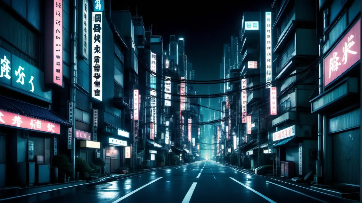 Futuristic Japanese Cityscape Empty Night Streets in Ghost in the Shell Cinematic Style