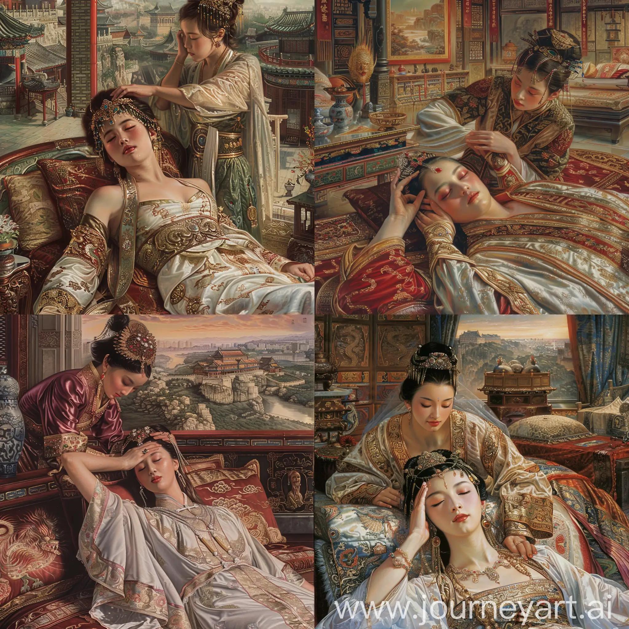 Luxurious-Chinese-Empress-Receiving-Head-Massage-in-Majestic-Bedroom