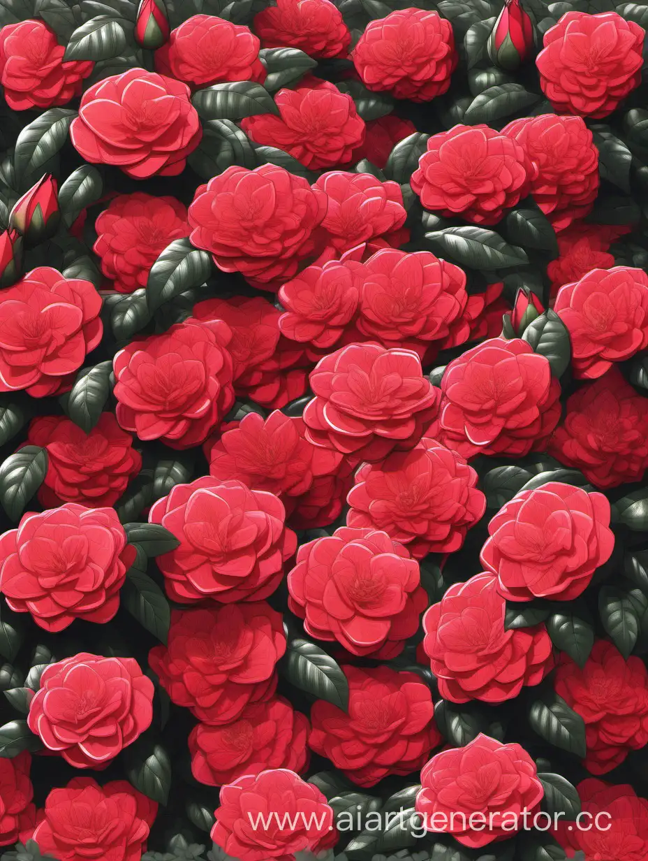 Vibrant-Red-Camellia-Bushes-in-a-Lush-Floral-Wonderland