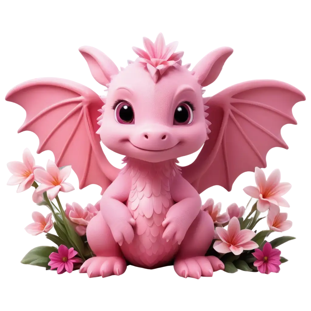 Adorable-Pink-Baby-Dragon-Surrounded-by-Flowers-Exquisite-PNG-Image-Capturing-Whimsical-Charm