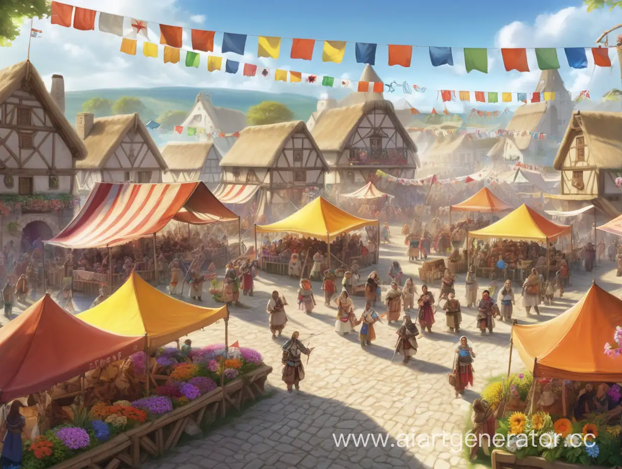 большой летний фестиваль на площади в людской деревне с яркими флажками и цветами днд