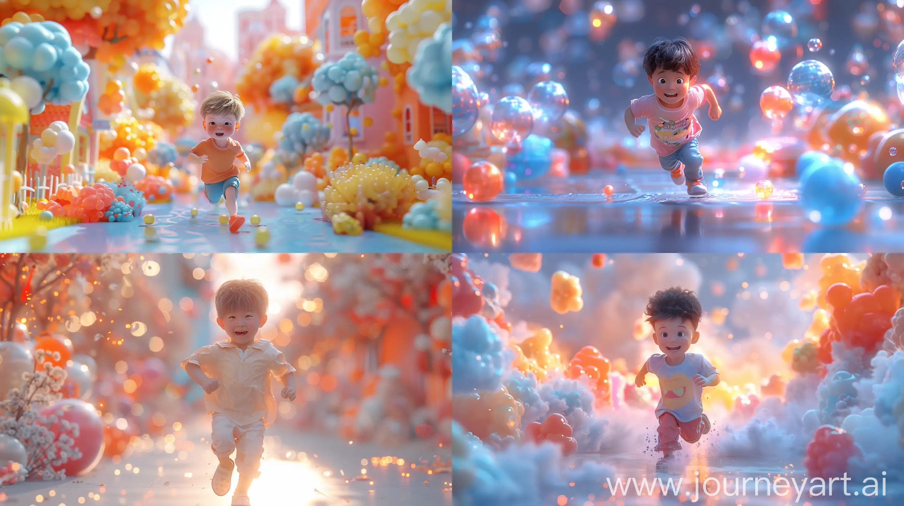 prompt front view, A cute little boy is running front in a fairy tale world , Blind box, ip by Popmart, Style of Disney, Style of Pixar, 3D, C4D, candy color, neon palette style, realistic, clearpackground, 儿 Oc rendering, soft focus, soft light, high saturation, 8K, hdr, masterpiece, super detail, --ar 16:9 --s 300