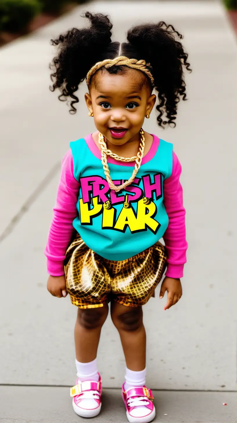 African American 2 year old toddler girl  dressed in the fresh prince of Bel-air themed clothing with a gold rope chain around their neck 