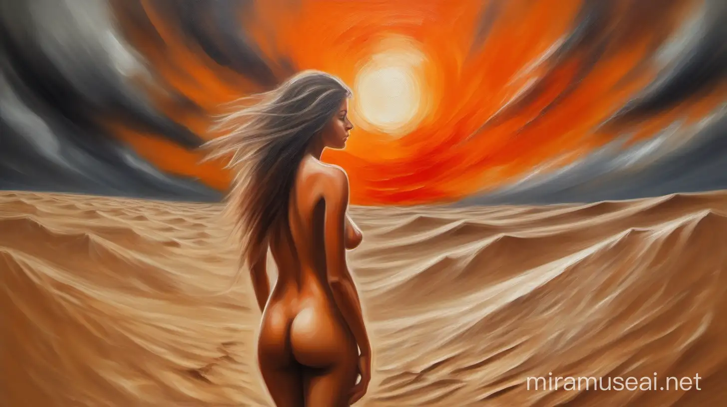 Beautiful Nude Woman Posing in Desert Sunset with Stormy Sky