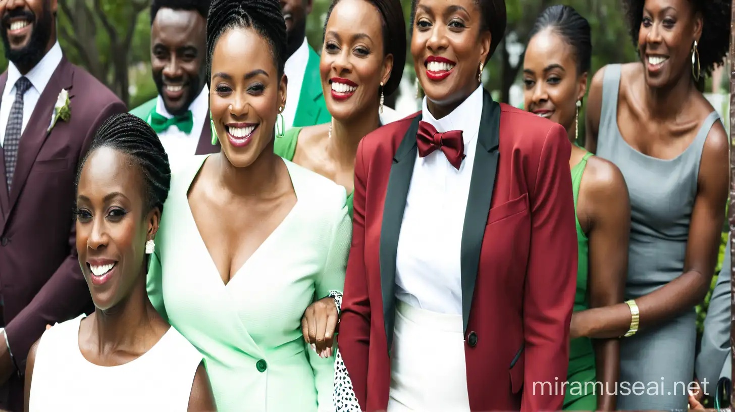 4 african american women, kelly green suit, white, smiling, full length
