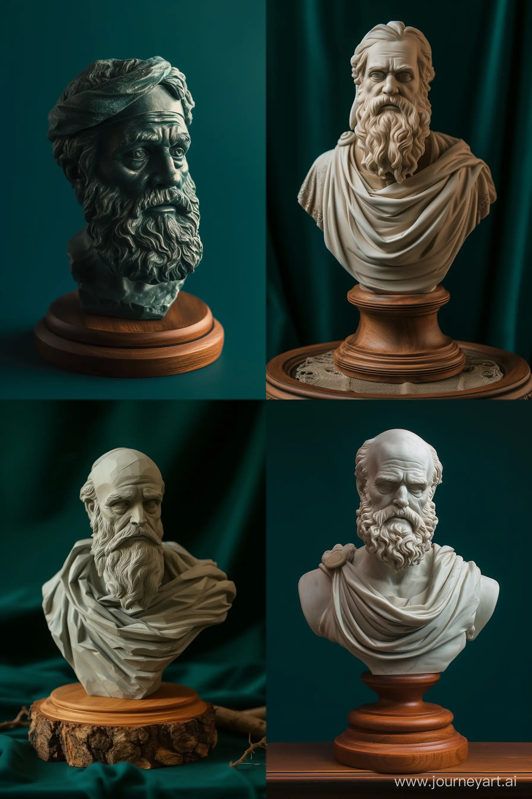 A Luxury Sculpture of Greek Philosopher with Wooden Base, Bust Style, Dark Green Background, Cinematic Pose, High Precision --v 6.0 --q 1 --ar 2:3