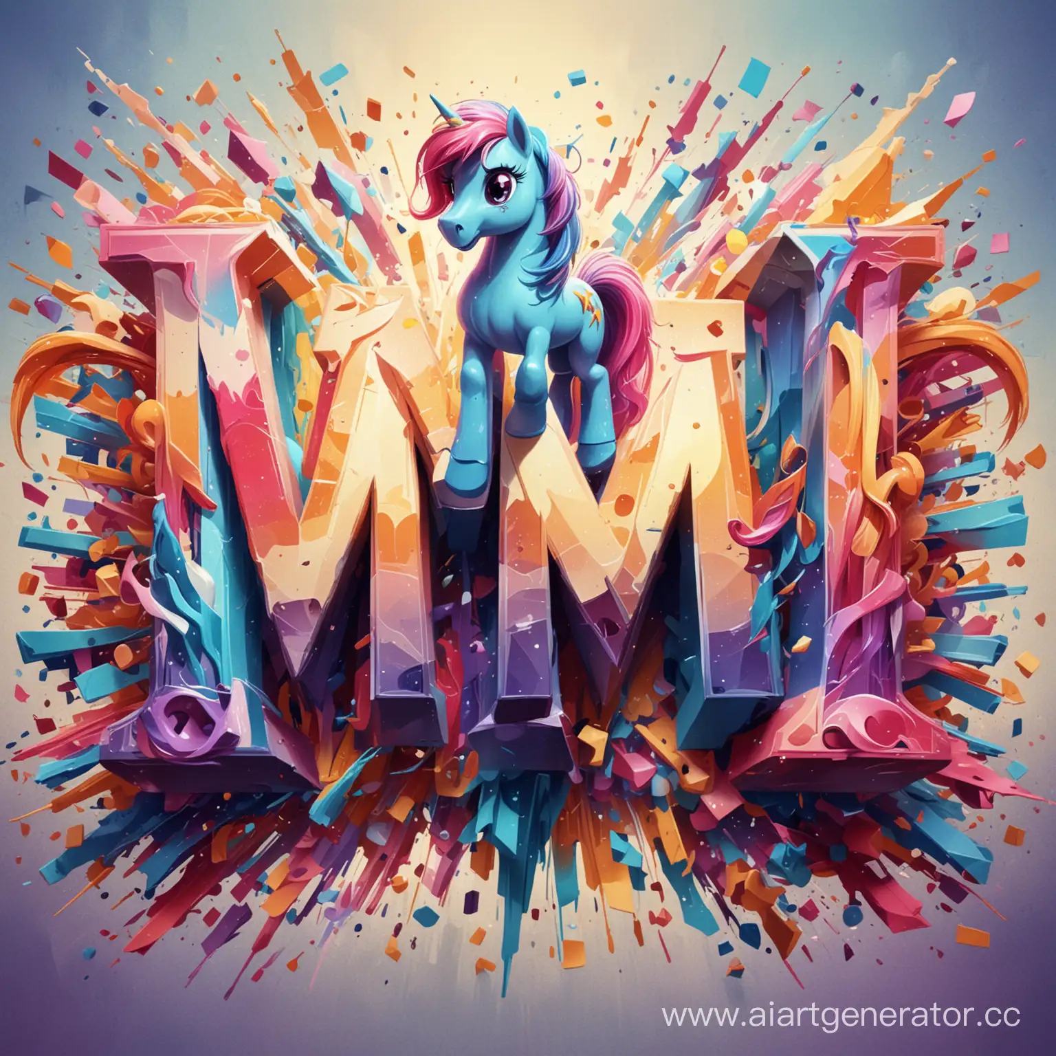 логотип из букв М и Т , на фоне абстрактных фигур , в стиле мультфильма мой маленький пони