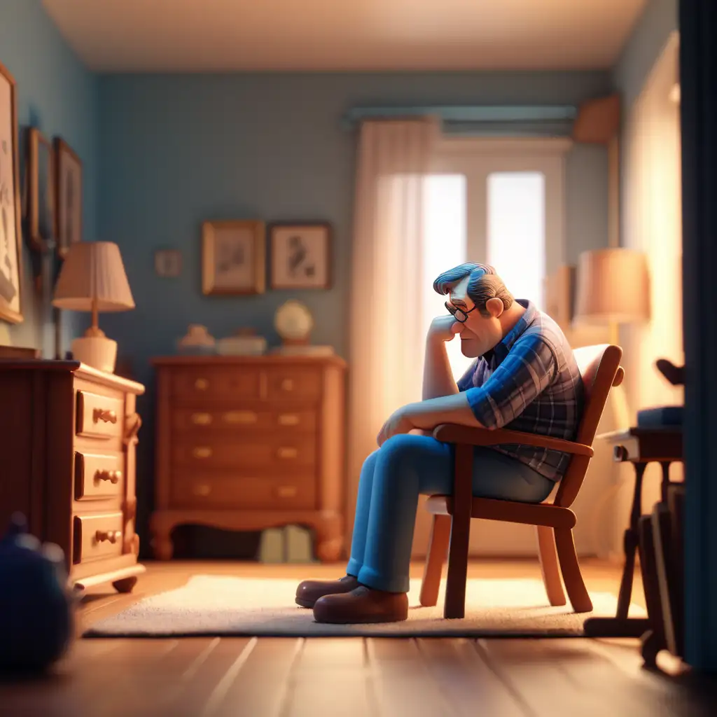 Create a 3d illustration of an animated scene that depicts a middle aged man with a sad face sitting on a chair in his room thinking of something. Blur and spirited illustration.