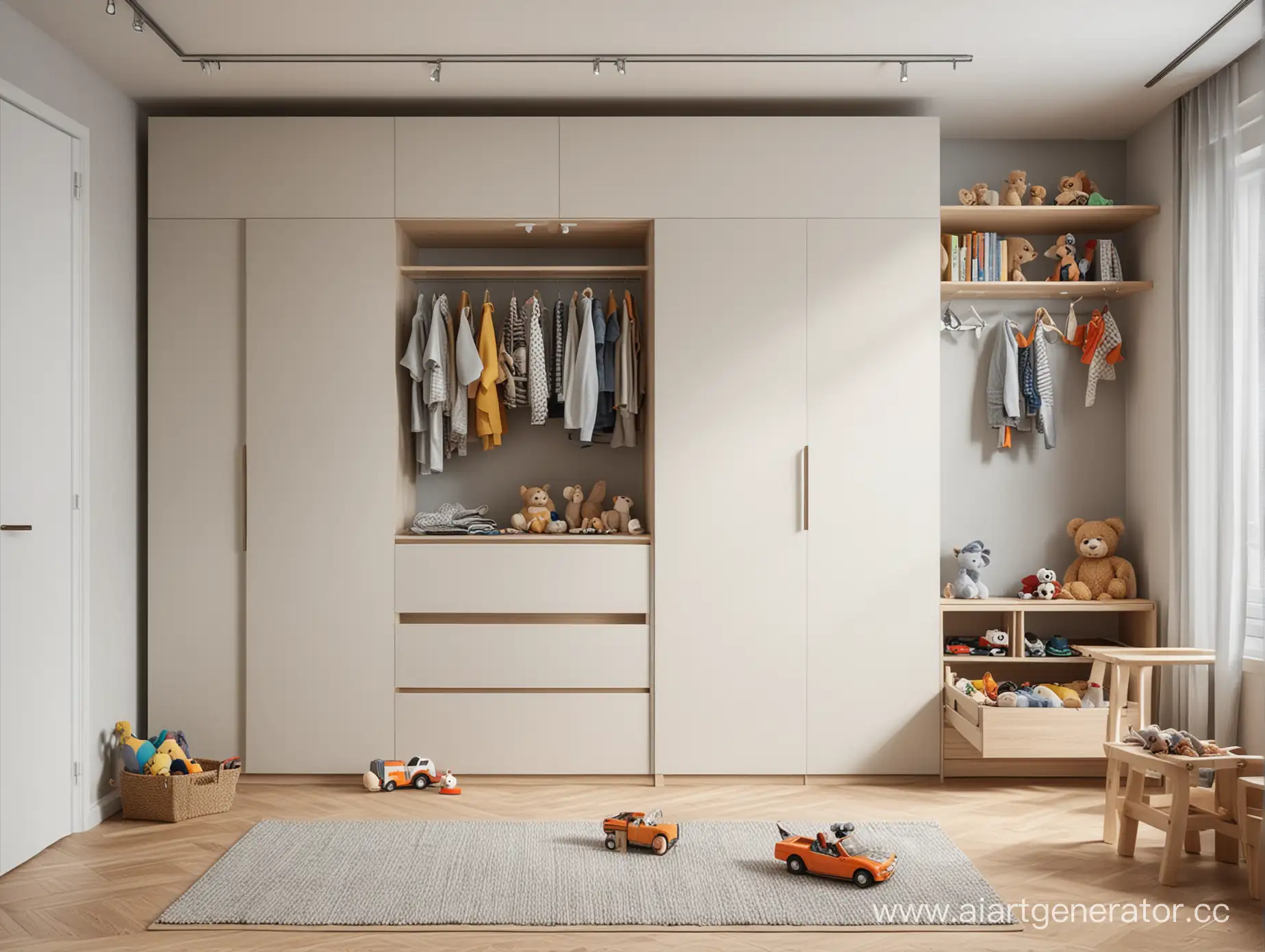 реалистичная фотография шкафа в детской комнате с игрушками в современном стиле 