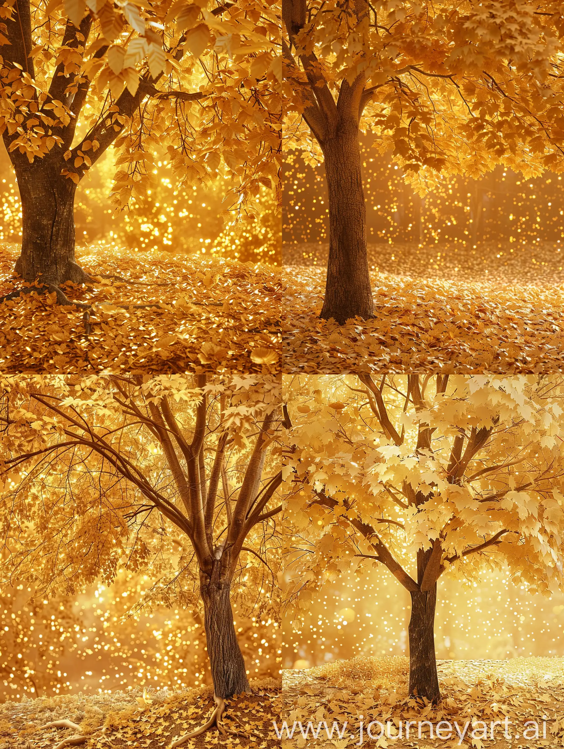 一棵长满金叶子的树，闪着金色的光芒，地面是掉落的金叶子，背景是金色的光芒，超现实主义摄影，顶部照明，超高细节