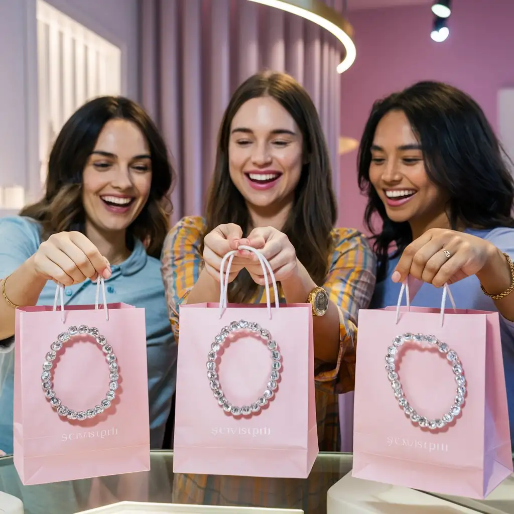 happy customers smile with a pink shopping bag with their new crystal bracelet
