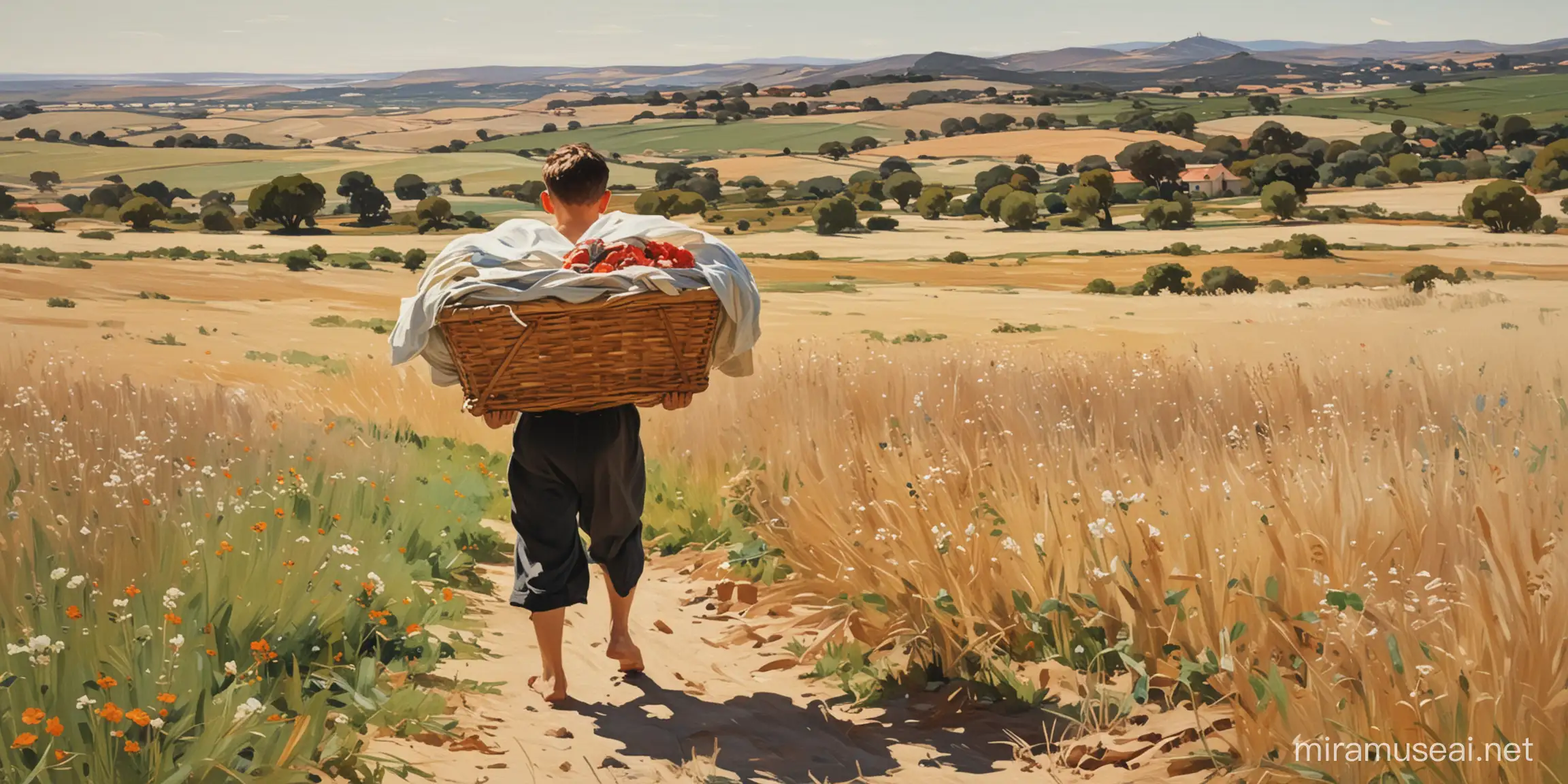 SorollaInspired Painting Boy with Hamper in Sunlit Field