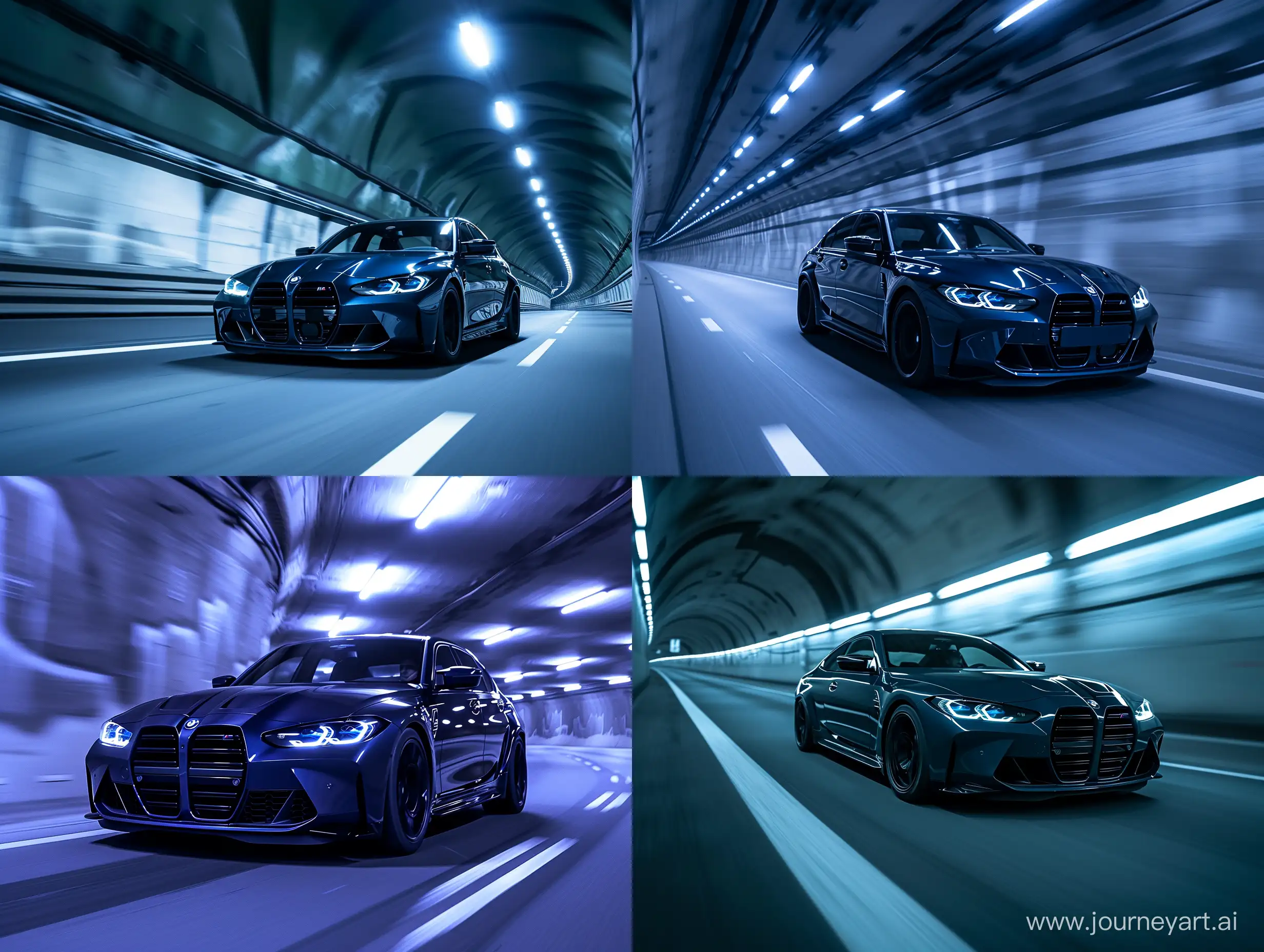 A car in the Middle of Tunnel, BMW M3 2023, Panning Photography, Details Car Dark Blue, Realistic Light Reflections, High Precision 