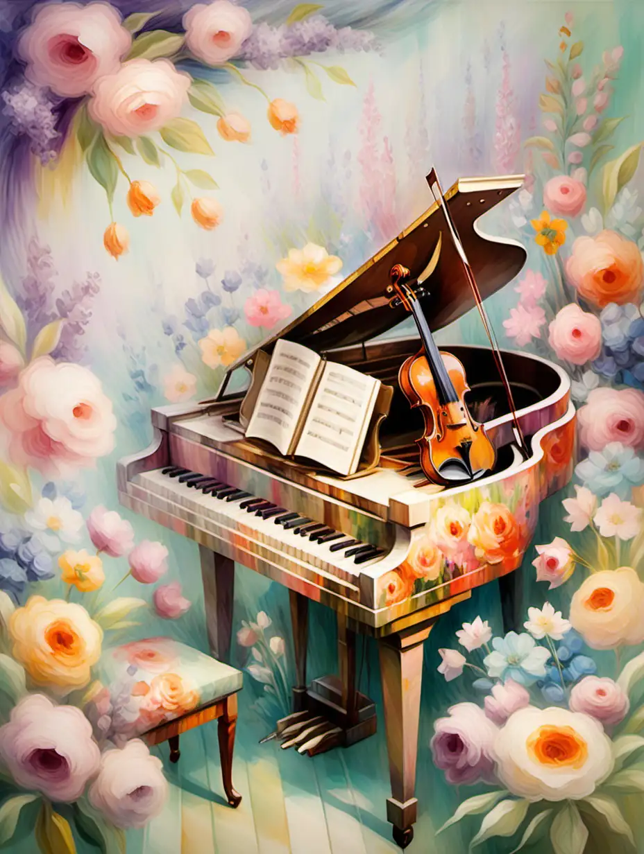Musical Harmony Piano and Violin with Impressionist Floral Motifs in Dreamy Spring Colors