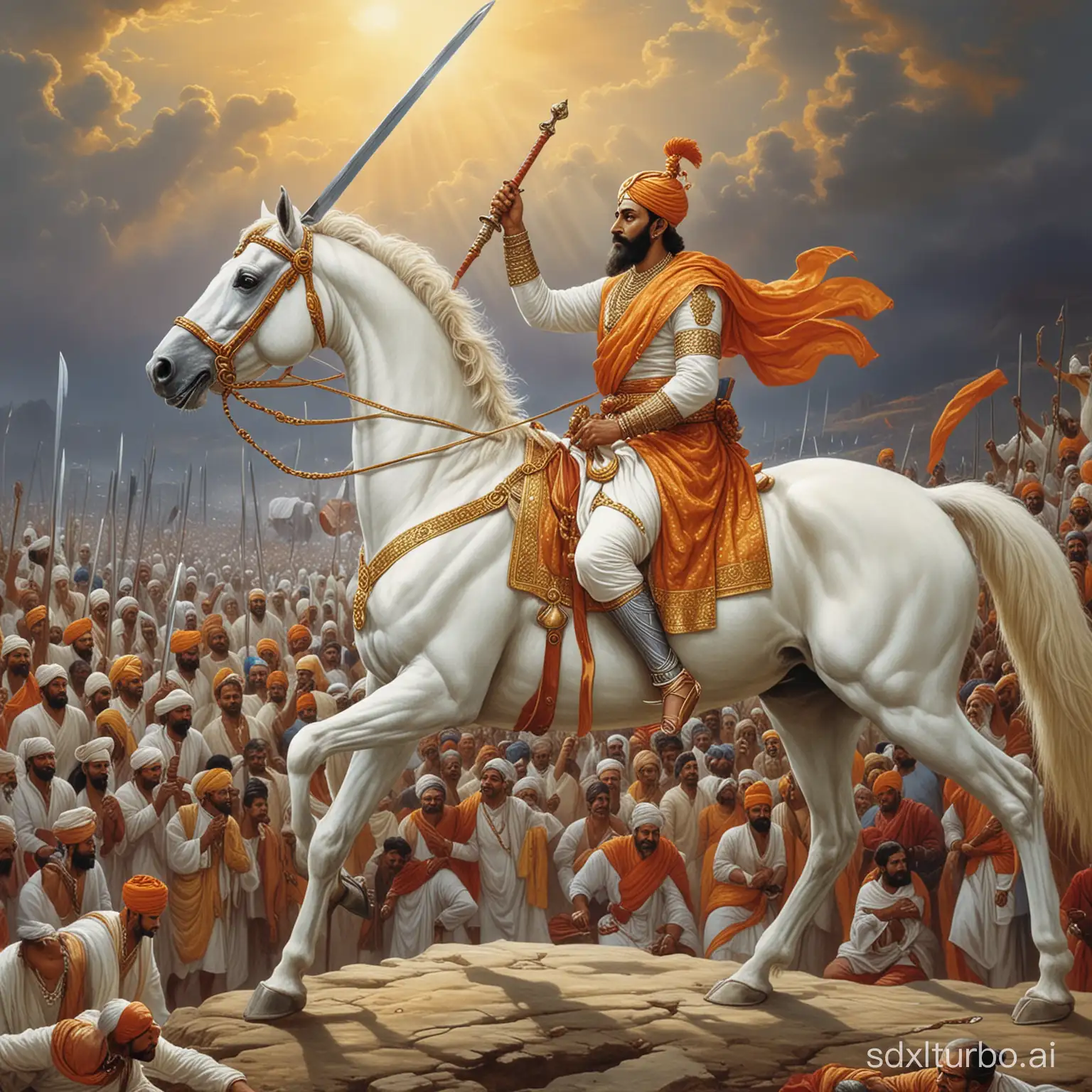 Shivaji Maharaj on his white horse and a sword in hand