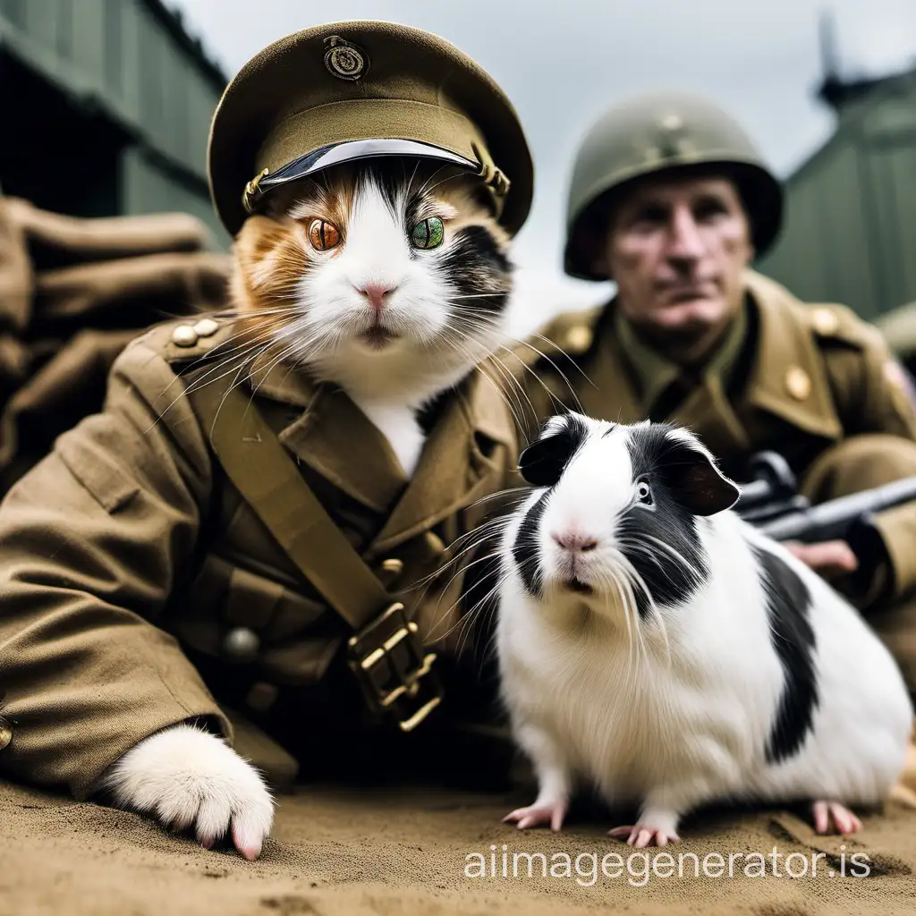 a cat and a guinea pig as soldiers of WW2 in D-Day
