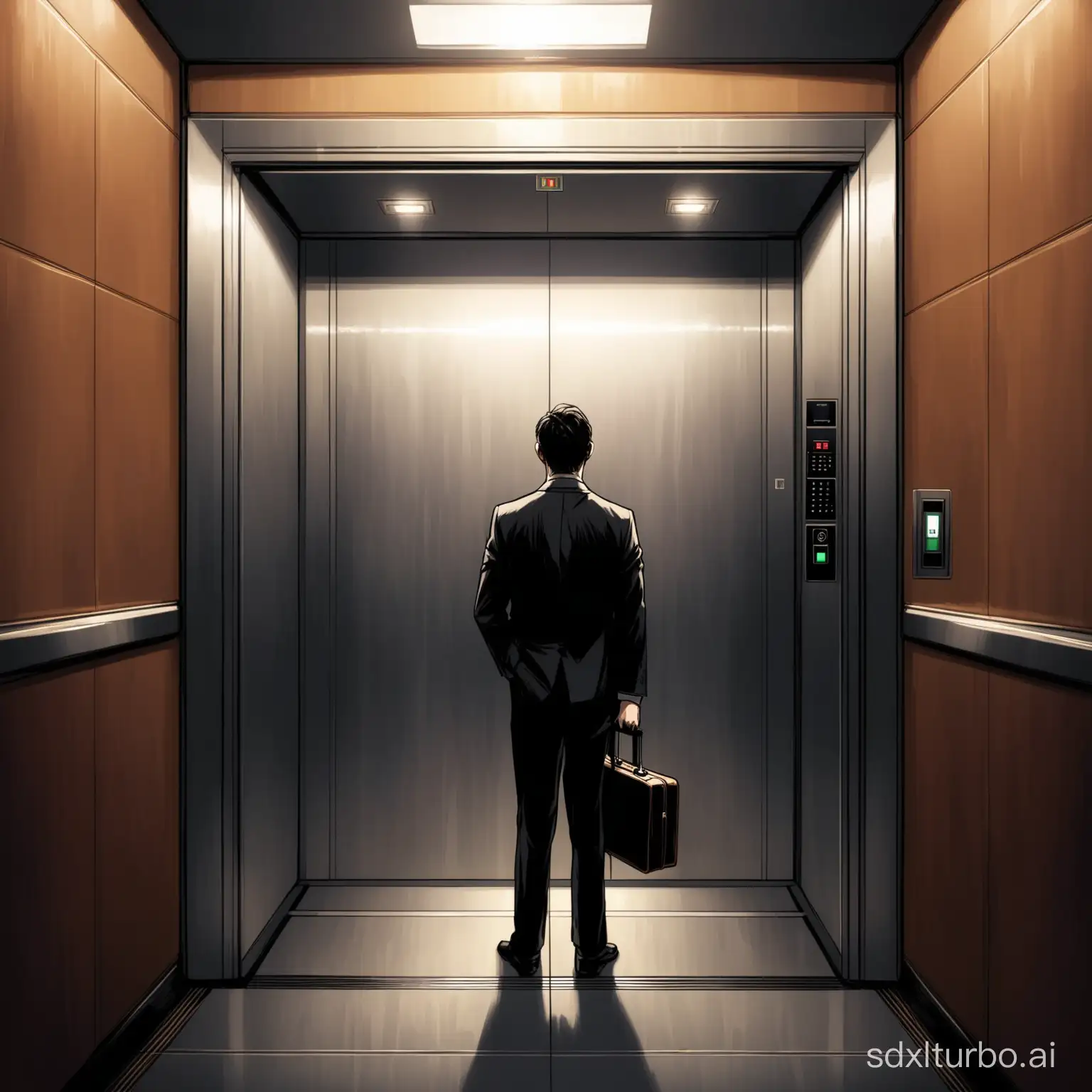 在电梯里面，一个共两个人。一个背着公文包的男人，一脸惊恐得看着电梯门