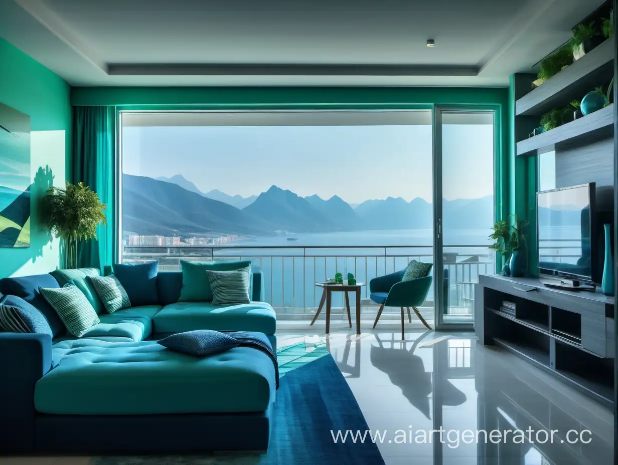 квартира в современном стиле с видом на море и горы в голубых и зеленых тонах

