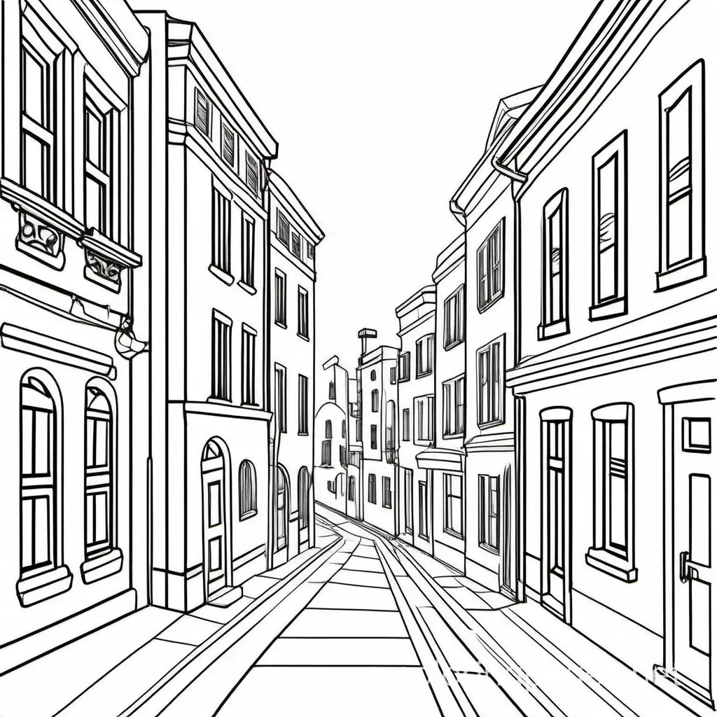 a beautiful street view , Coloring Page, black and white, line art, white background, Simplicity, Ample White Space. The background of the coloring page is plain white to make it easy for young children to color within the lines. The outlines of all the subjects are easy to distinguish, making it simple for kids to color without too much difficulty, Coloring Page, black and white, line art, white background, Simplicity, Ample White Space. The background of the coloring page is plain white to make it easy for young children to color within the lines. The outlines of all the subjects are easy to distinguish, making it simple for kids to color without too much difficulty