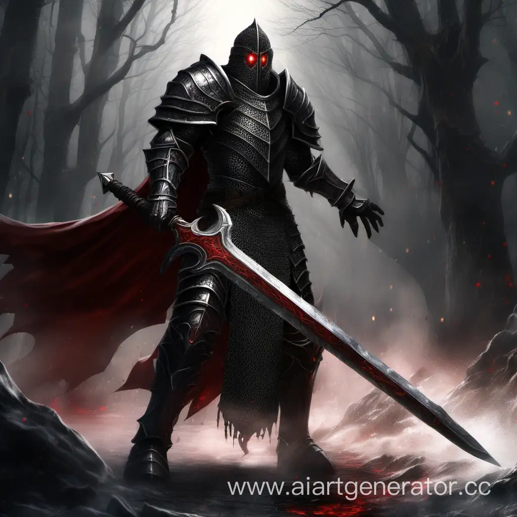 dhampire dark paladin in chainmail with a long greatsword with red eyes