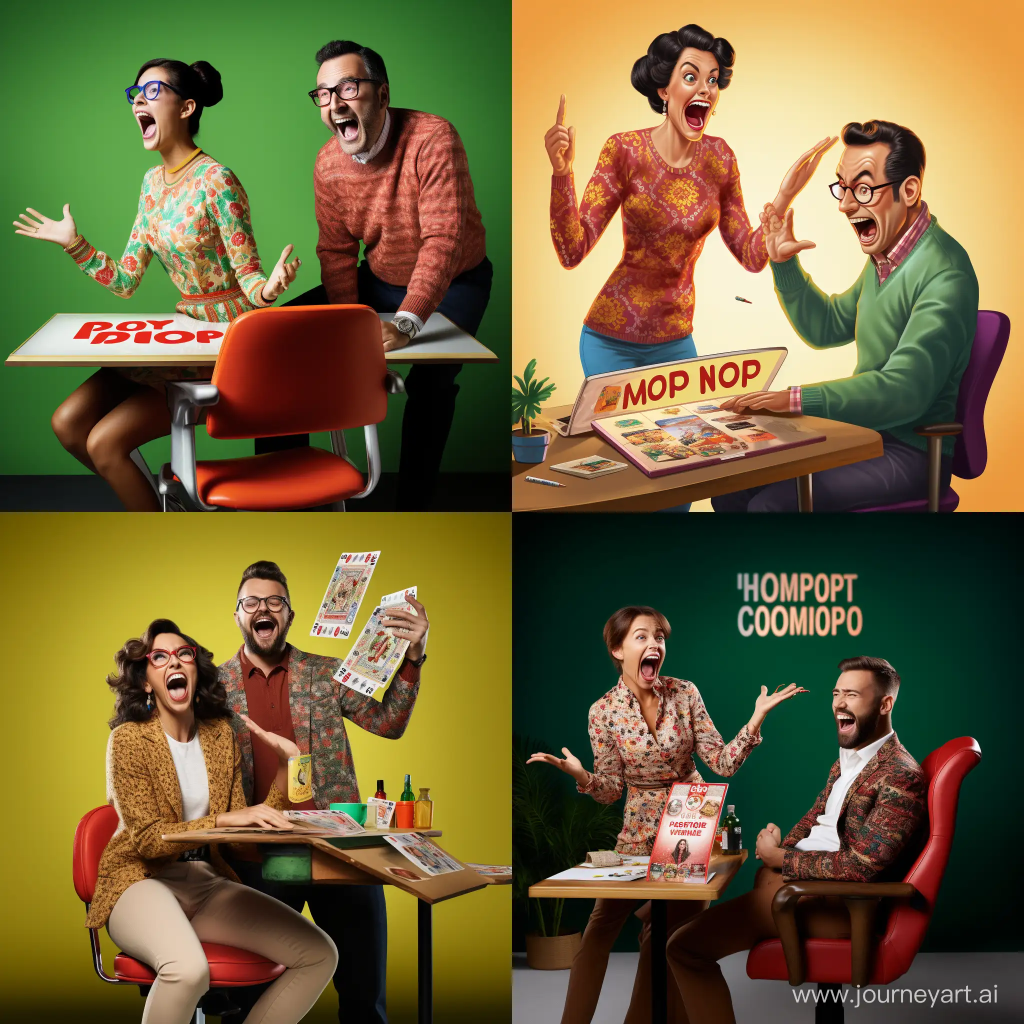 Hyper realistic image of a woman standing up, the woman's face irritatingly mocking. A man is sitting on a gaming chair at a desk wearing a colorfull sweater,  holding a paper that says "no prompt for you" so the man cries, the man's parents are behind him laughing and pointing at him, the man's parents are dressed in sixties attire.  photo wide angle