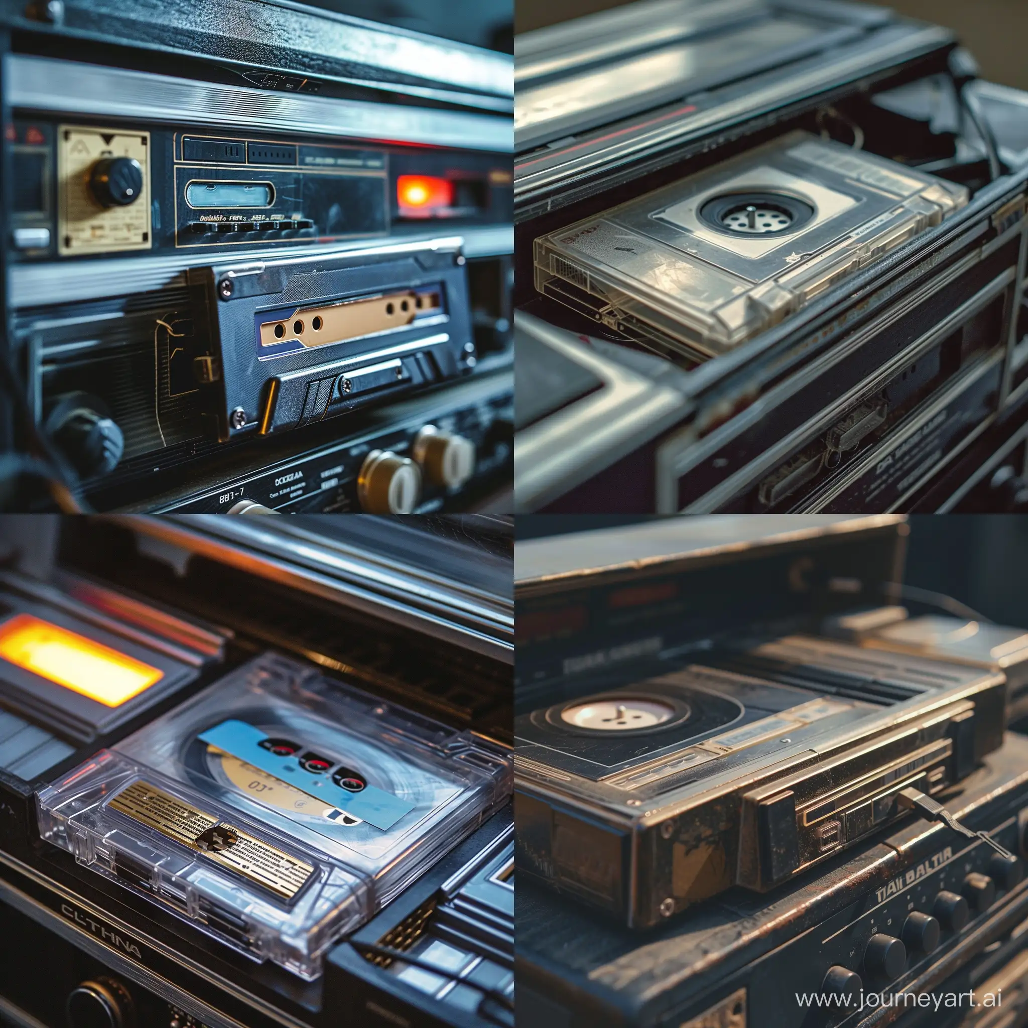 an audio casette in a boombox, closeup, 80s style