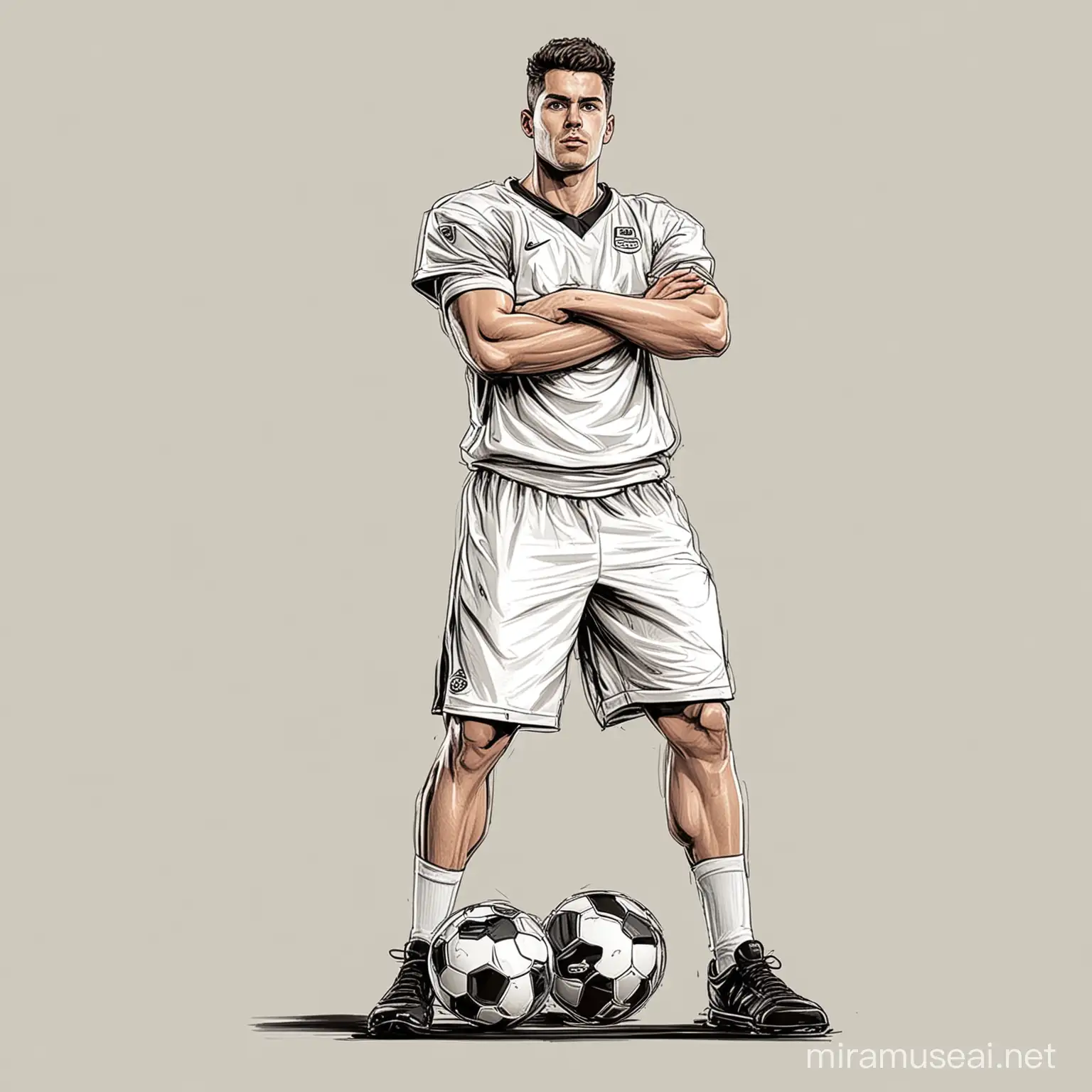 one guy, dressed with basketball equipment and football shoes, , standing with one leg on a football,  , arms are crossed, normal body comformation, style vector, drawing, comic, white background