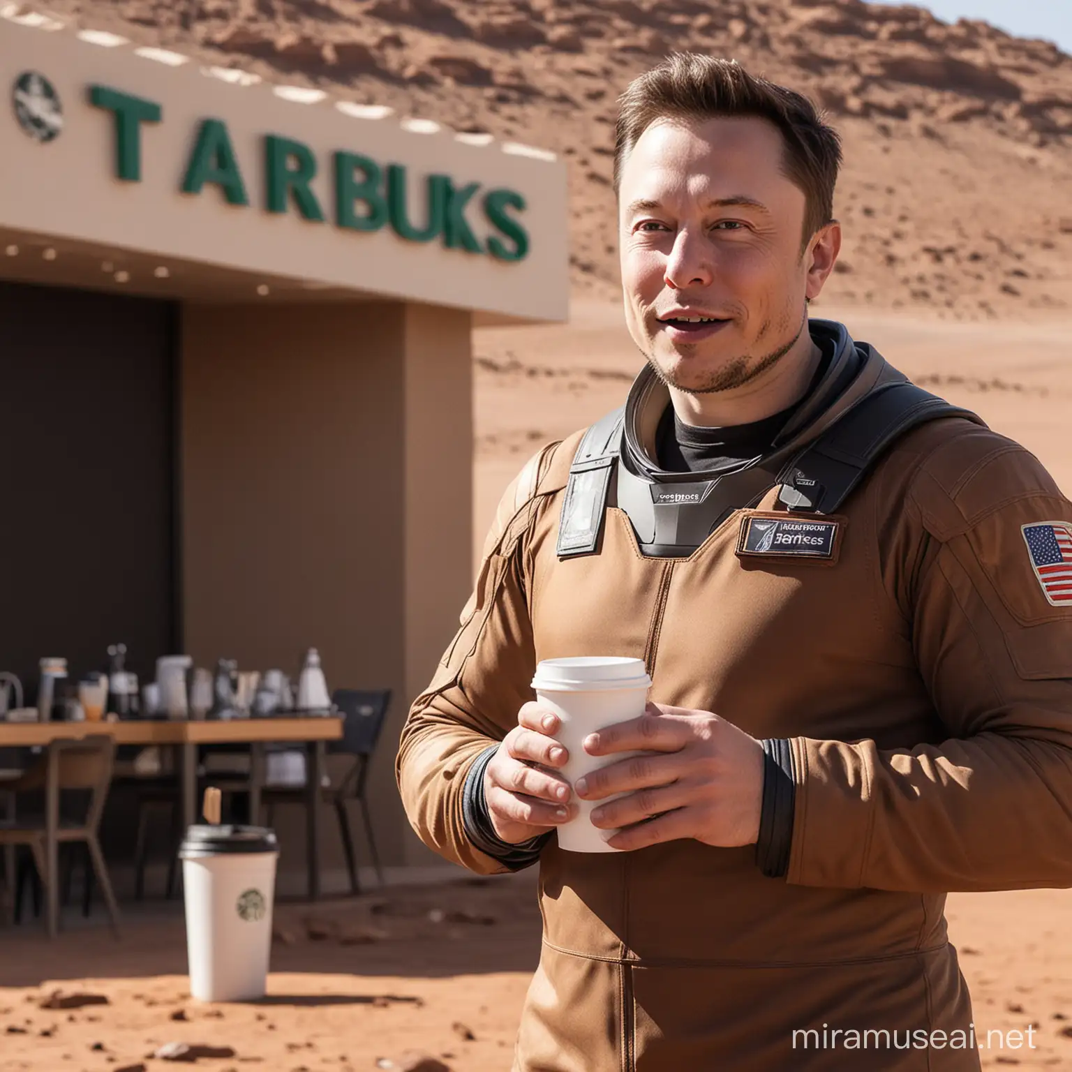 Elon Musk drinks coffee on Mars, in front of the first Martian Starbucks