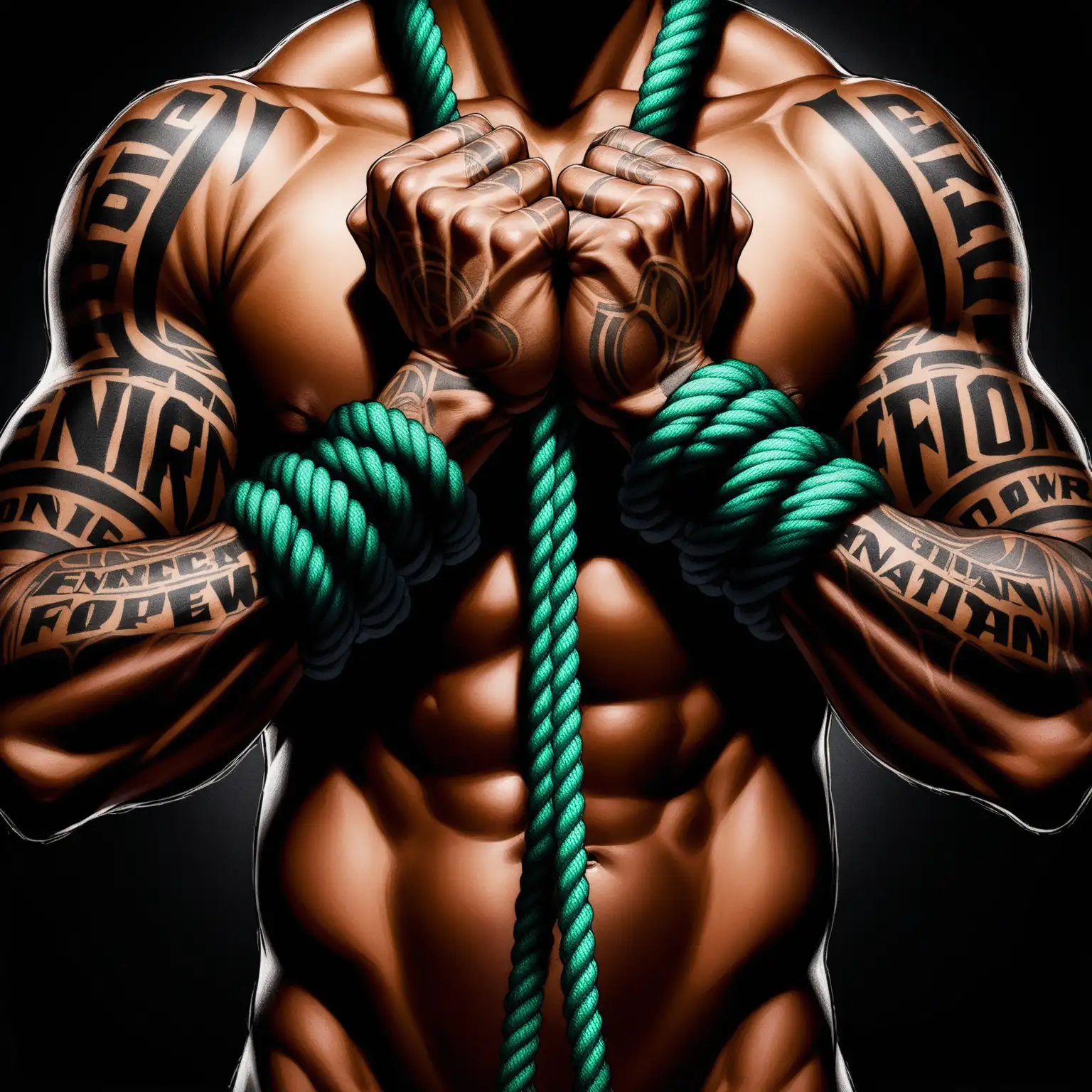 create an close up image one African American male slave hands and forearms tied together with a rope  with rope around wrist and forearms facing outward with tattoos on each for forearms that showing veins from hard work, with the word emancipation one forearm and black power fist with in dark background  image should just show hands and forearms