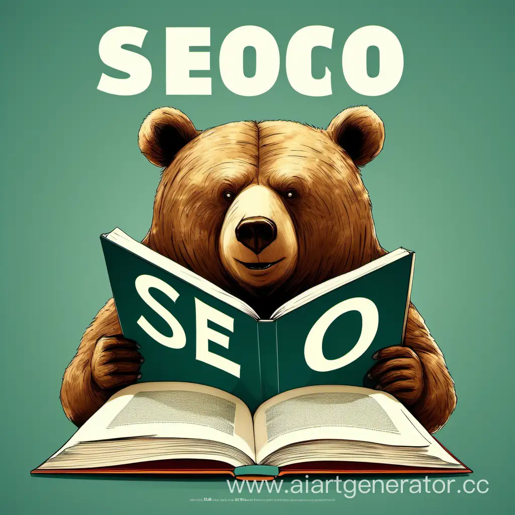 Грозный медведь читает книгу на обложке которой написано слово SEO