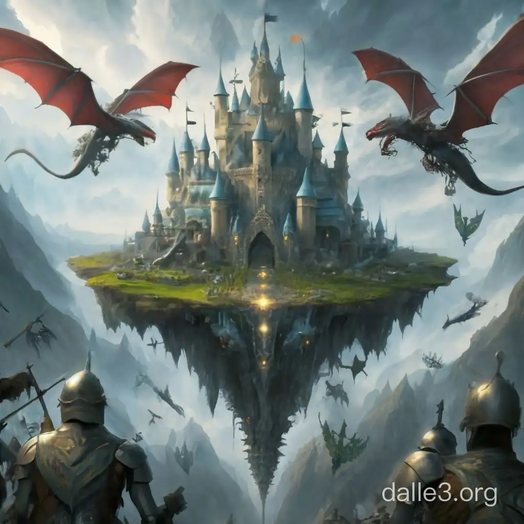 Aeral view of a elven magical flying castle being besieged by skeleton army and mages and magical dragons